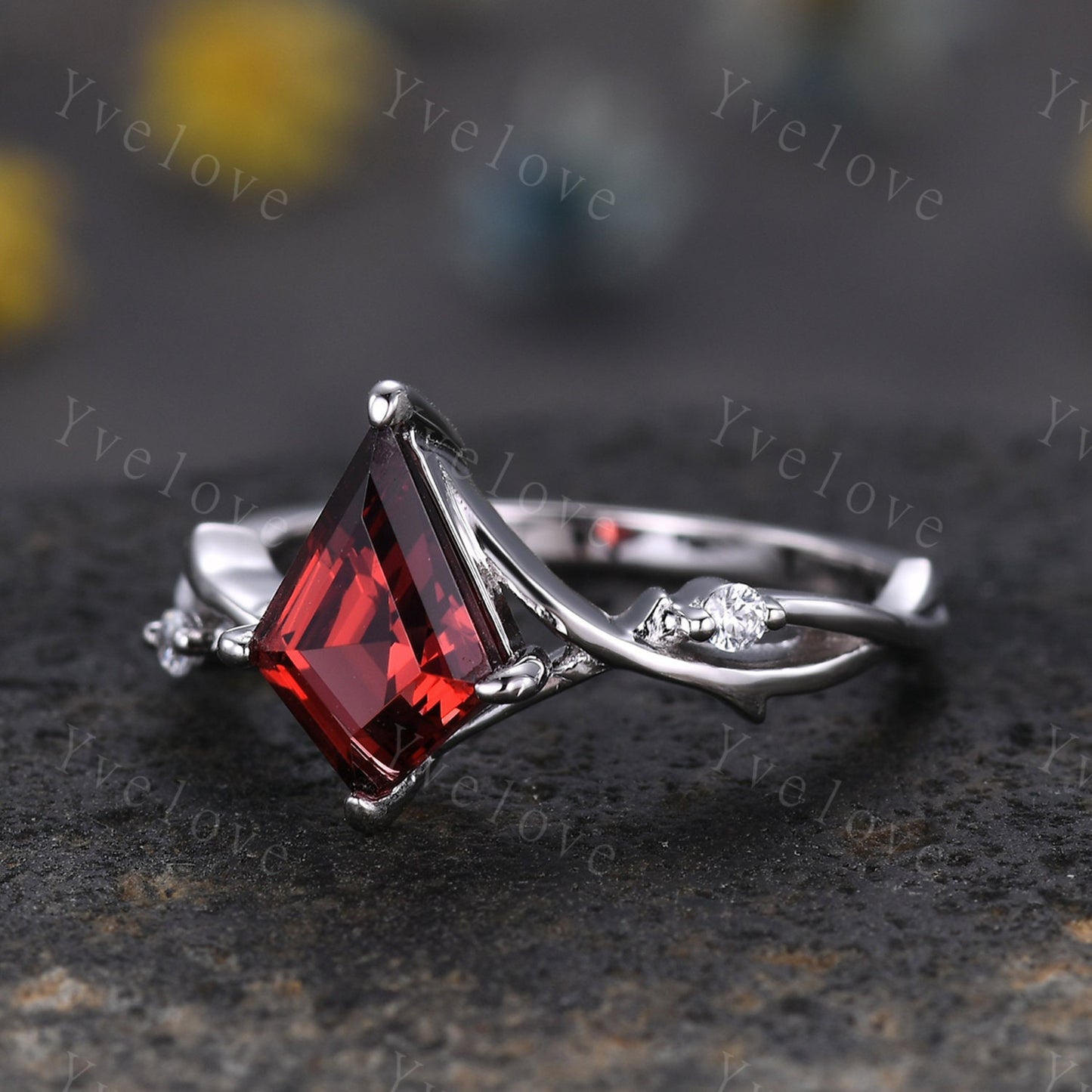 Unique Kite Shaped Red Garnet Engagement Ring,Twisted Ring,Garnet Wedding Band Diamond Bridal Ring,Dainty Twig Promise Ring Anniversary Gift