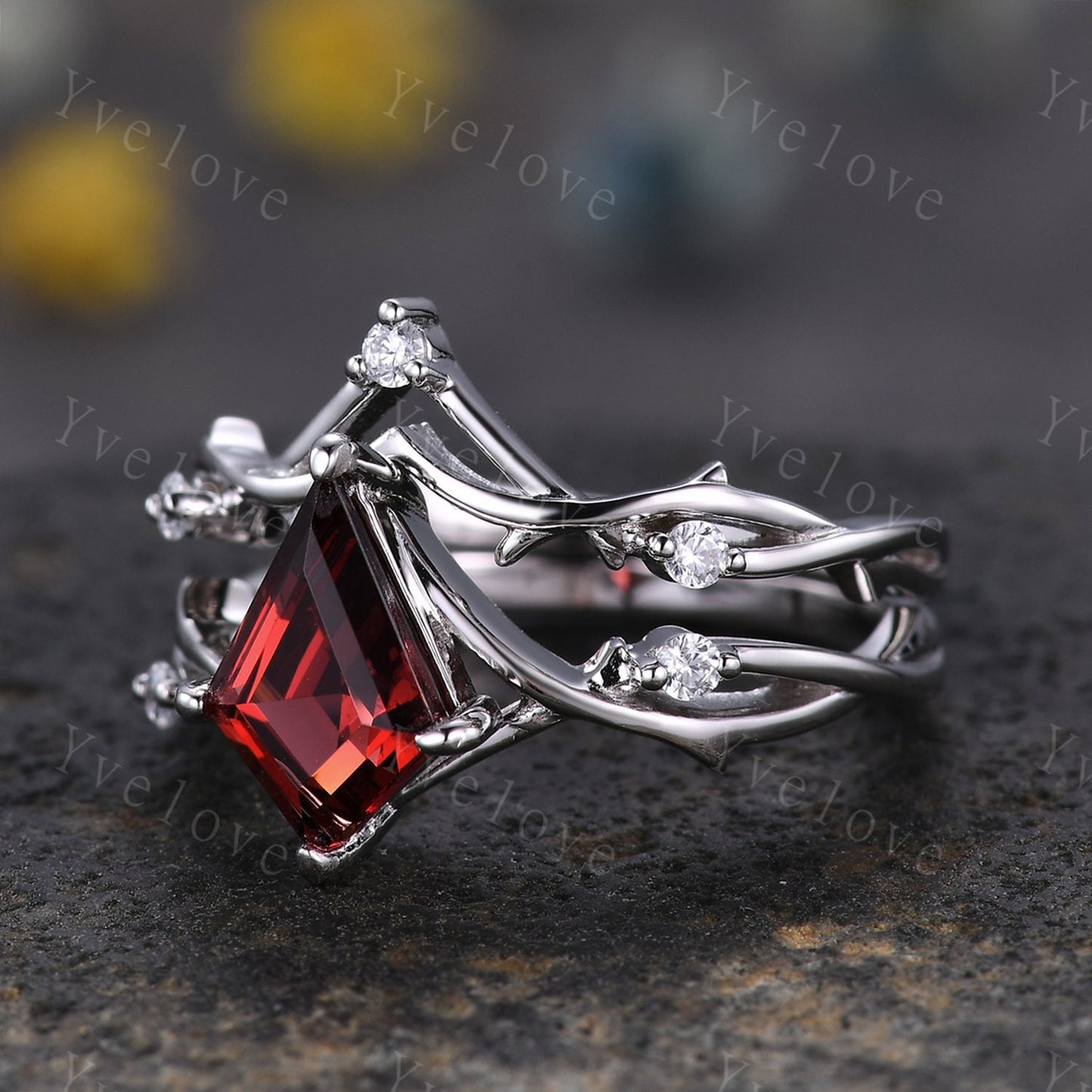Unique Kite Shaped Red Garnet Engagement Ring,Twisted Ring,Garnet Wedding Band Diamond Bridal Ring,Dainty Twig Promise Ring Anniversary Gift