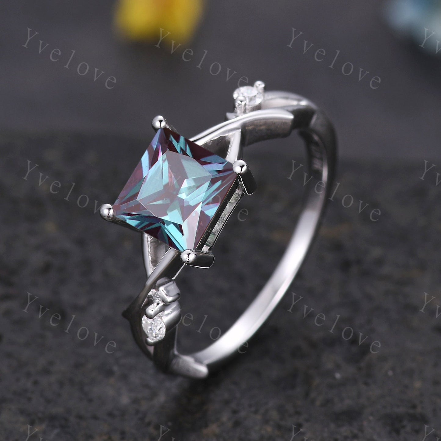 Unique Princess cut Alexandrite Engagement Ring,Art Deco Branch Twig Diamond Ring,Promise Ring Anniversary Gift For Her Platinum Ring
