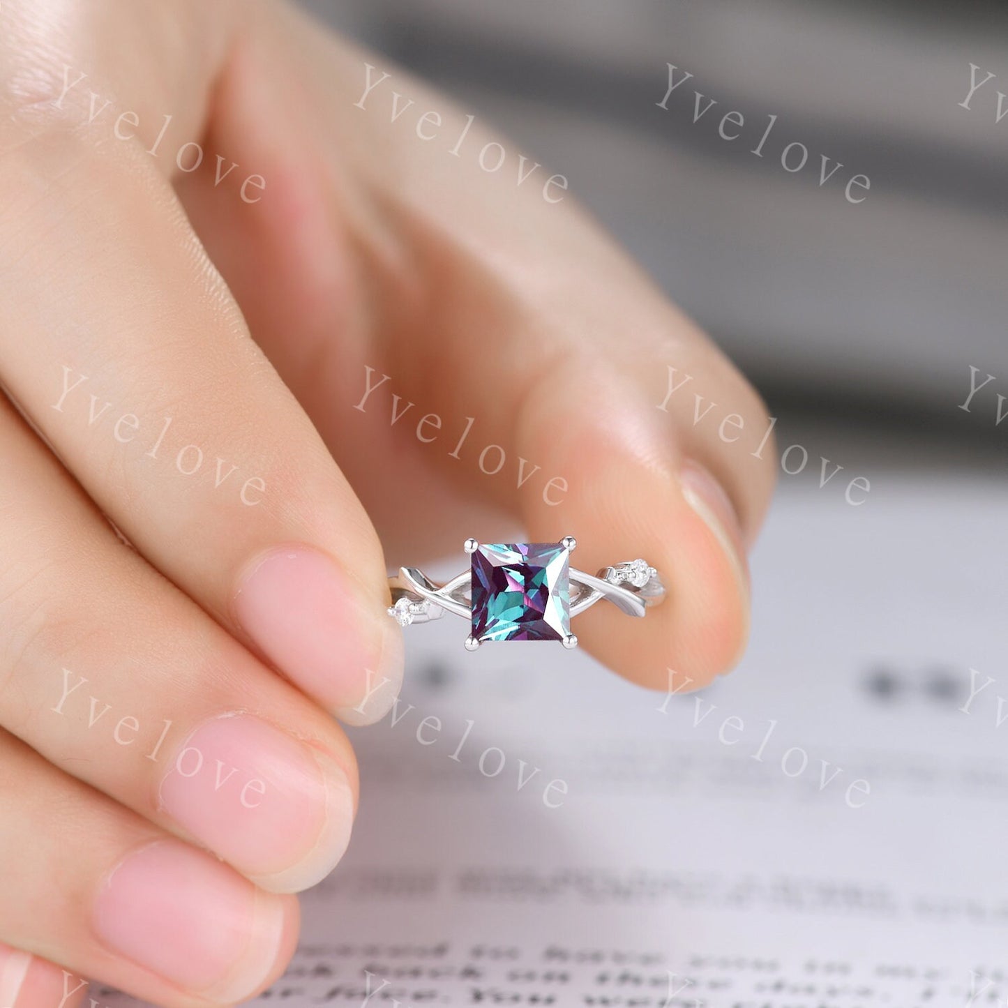 Unique Princess cut Alexandrite Engagement Ring,Art Deco Branch Twig Diamond Ring,Promise Ring Anniversary Gift For Her Platinum Ring
