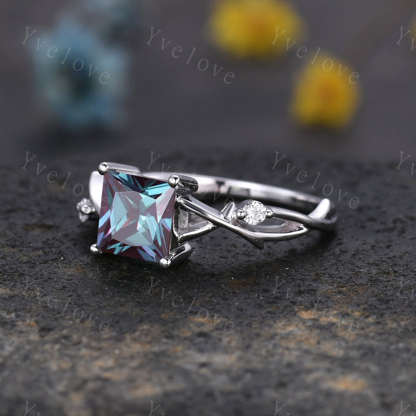 Unique Princess cut Alexandrite Engagement Ring,Art Deco Branch Twig Diamond Ring,Promise Ring Anniversary Gift For Her Platinum Ring