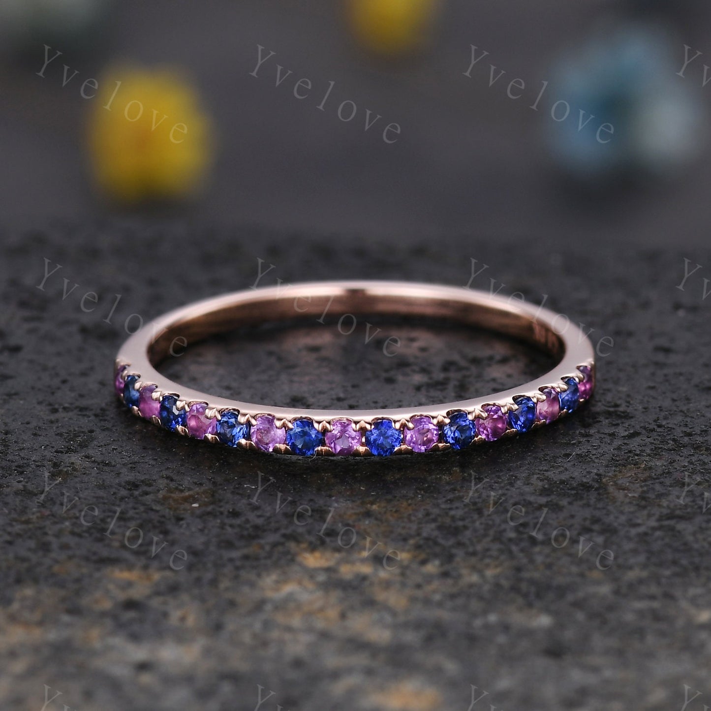 Amethyst sapphire band art deco sapphire ring 14k rose gold amethyst stacking matching band February birthstone promise bridal ring custom