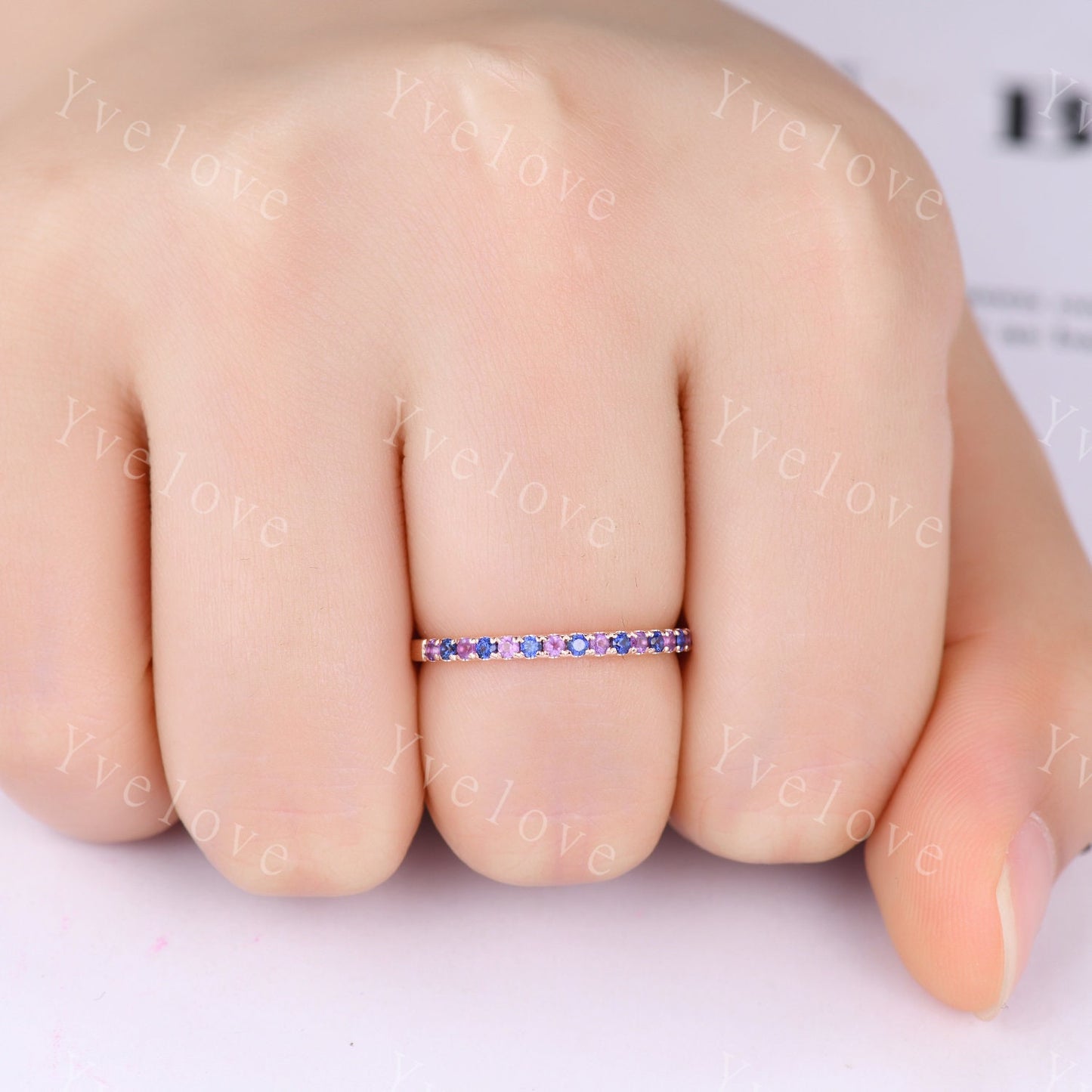 Amethyst sapphire band art deco sapphire ring 14k rose gold amethyst stacking matching band February birthstone promise bridal ring custom
