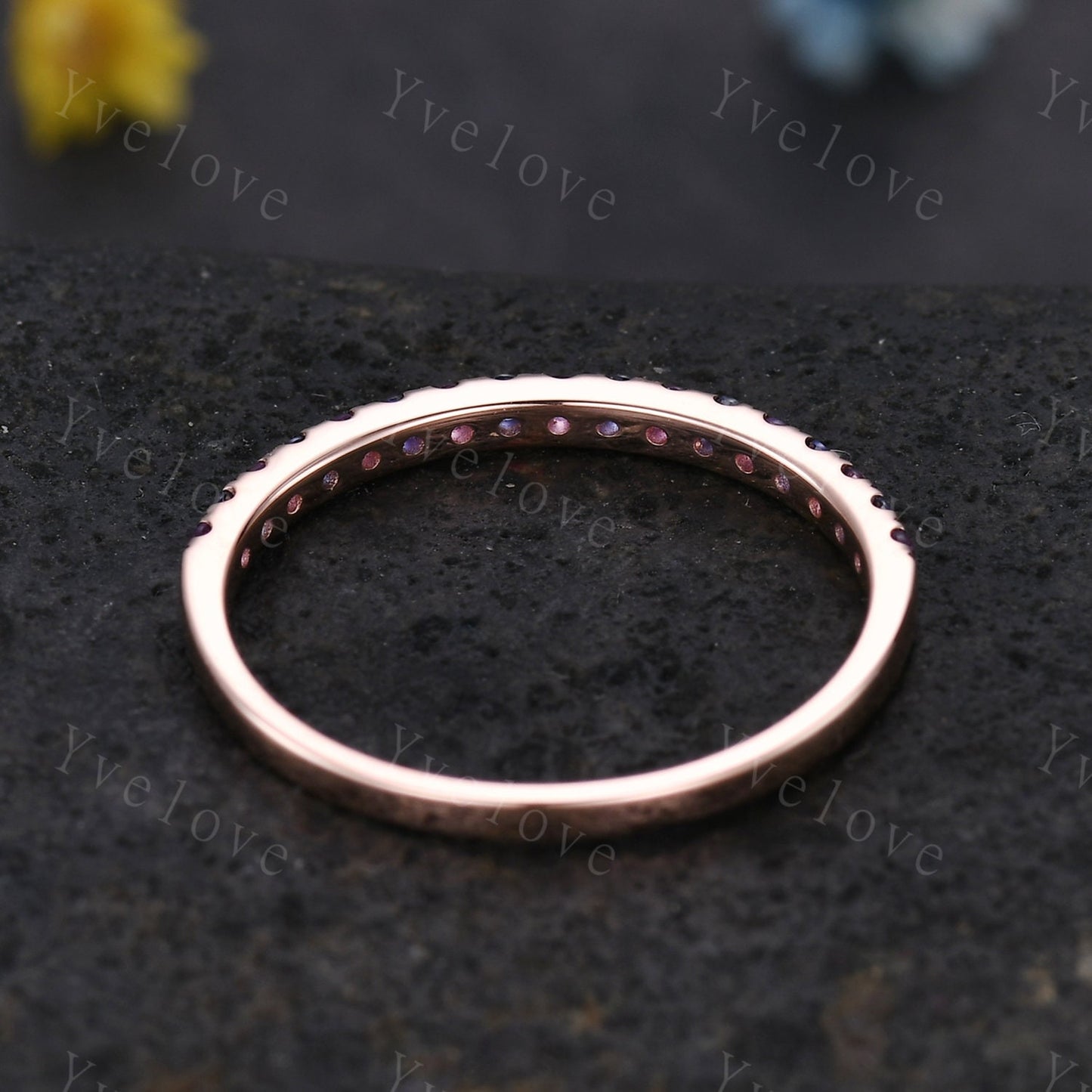 Amethyst sapphire band art deco sapphire ring 14k rose gold amethyst stacking matching band February birthstone promise bridal ring custom