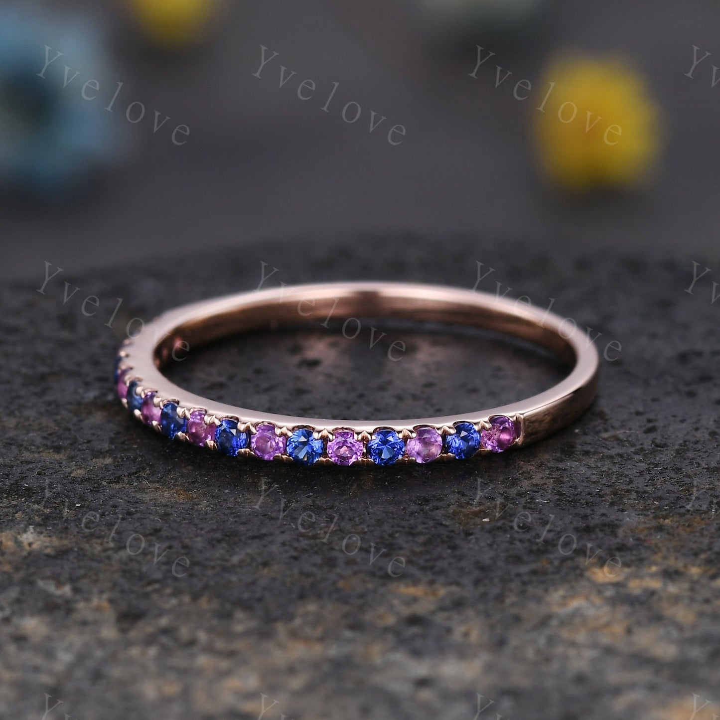 Amethyst sapphire band art deco sapphire ring 14k rose gold amethyst stacking matching band February birthstone promise bridal ring custom