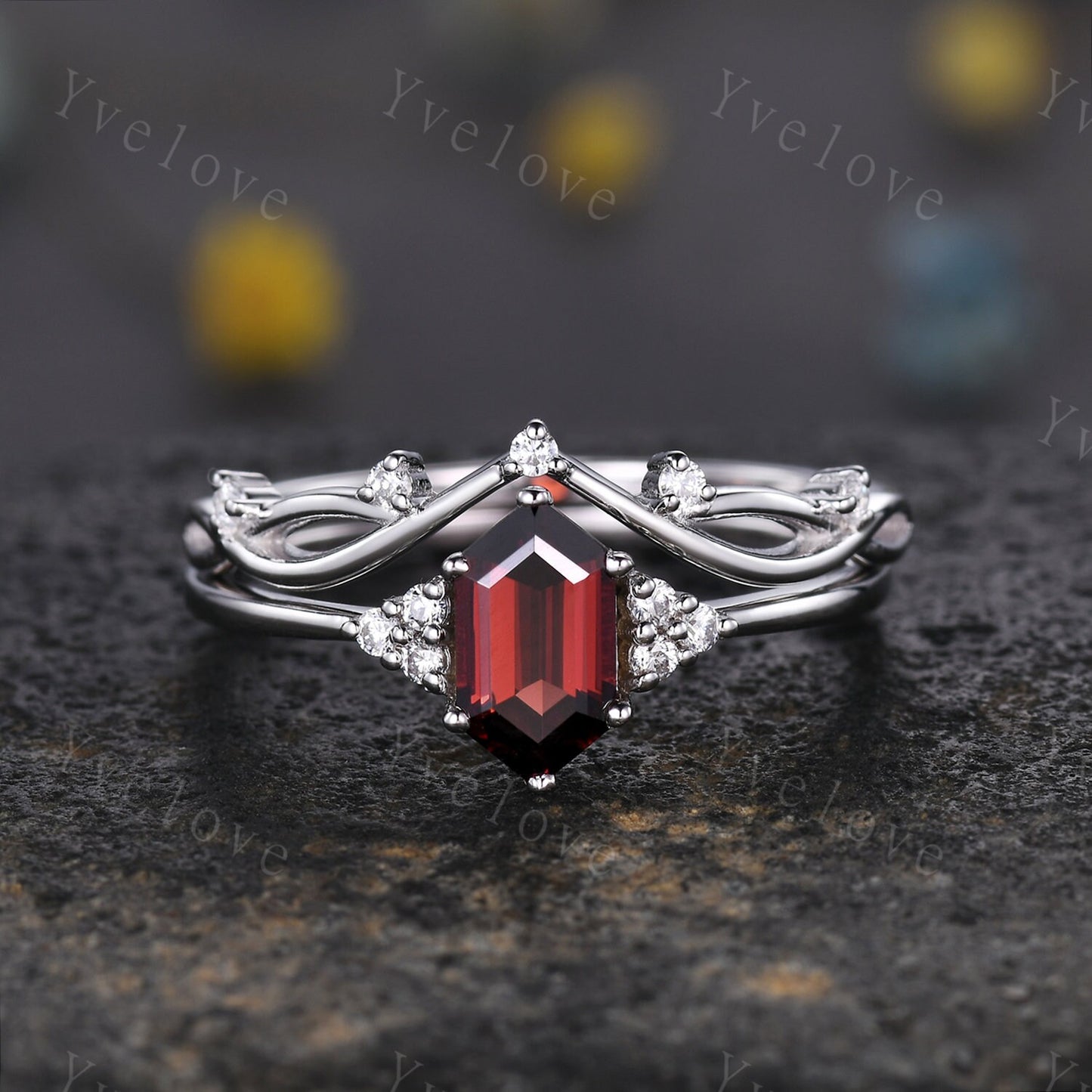 Retro Long hexagon Garnet Ring,Vintage Sterling Silver Ring Set,Unique Red Garnet Engagement Ring,Promise Ring,Anniversary Ring Gift For Her