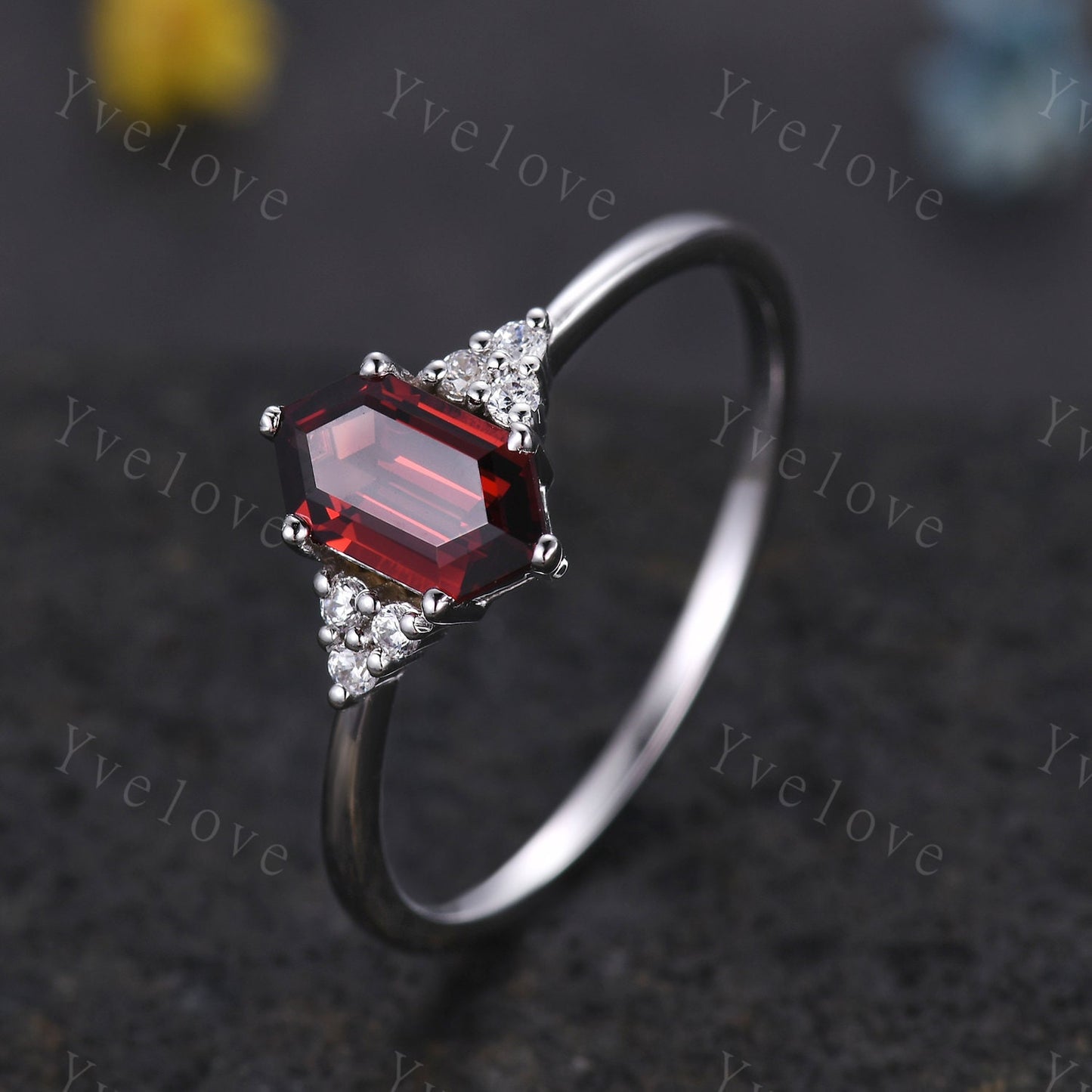 Retro Long hexagon Garnet Ring,Vintage Sterling Silver Ring Set,Unique Red Garnet Engagement Ring,Promise Ring,Anniversary Ring Gift For Her
