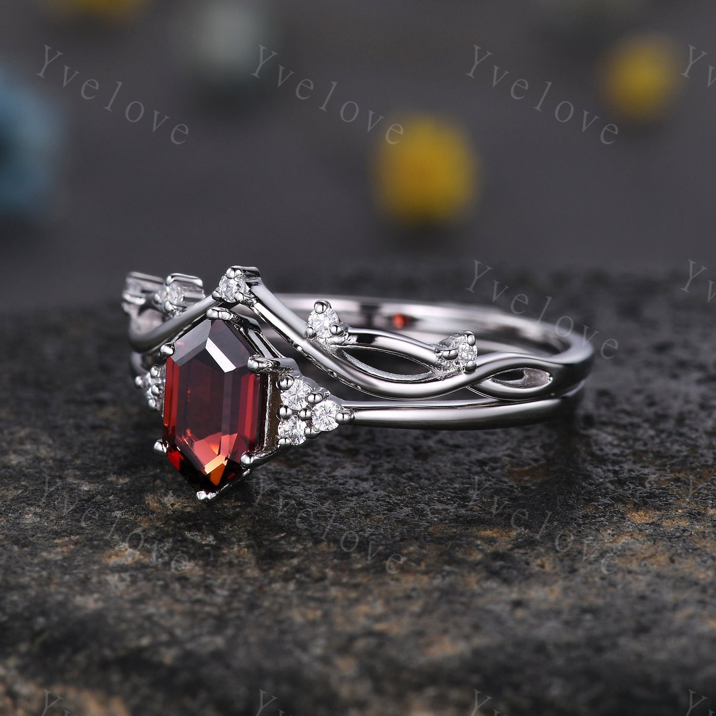 Retro Long hexagon Garnet Ring,Vintage Sterling Silver Ring Set,Unique Red Garnet Engagement Ring,Promise Ring,Anniversary Ring Gift For Her