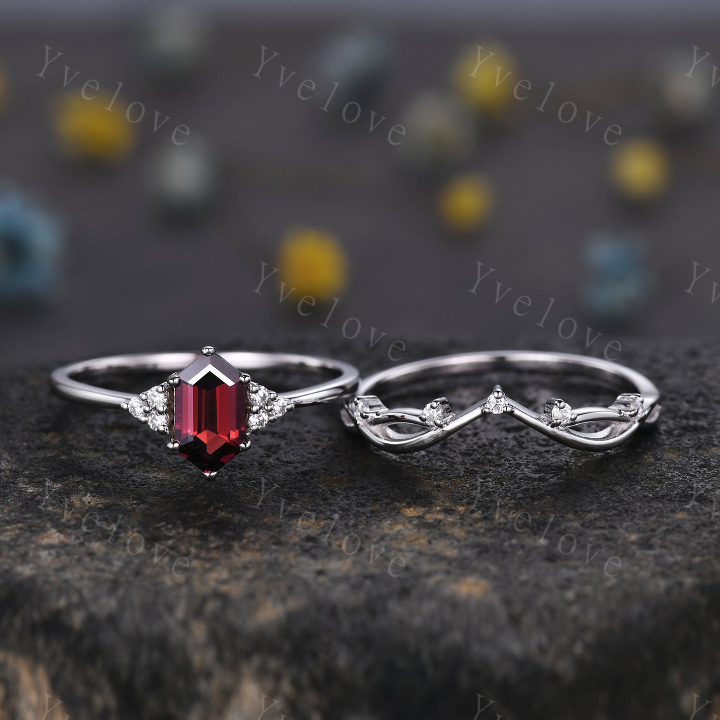 Retro Long hexagon Garnet Ring,Vintage Sterling Silver Ring Set,Unique Red Garnet Engagement Ring,Promise Ring,Anniversary Ring Gift For Her