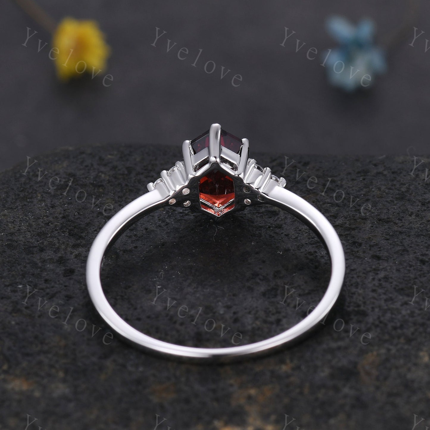 Retro Long hexagon Garnet Ring,Vintage Sterling Silver Ring,Unique Red Garnet Engagement Ring,Promise Ring,January birthday Gift For Her
