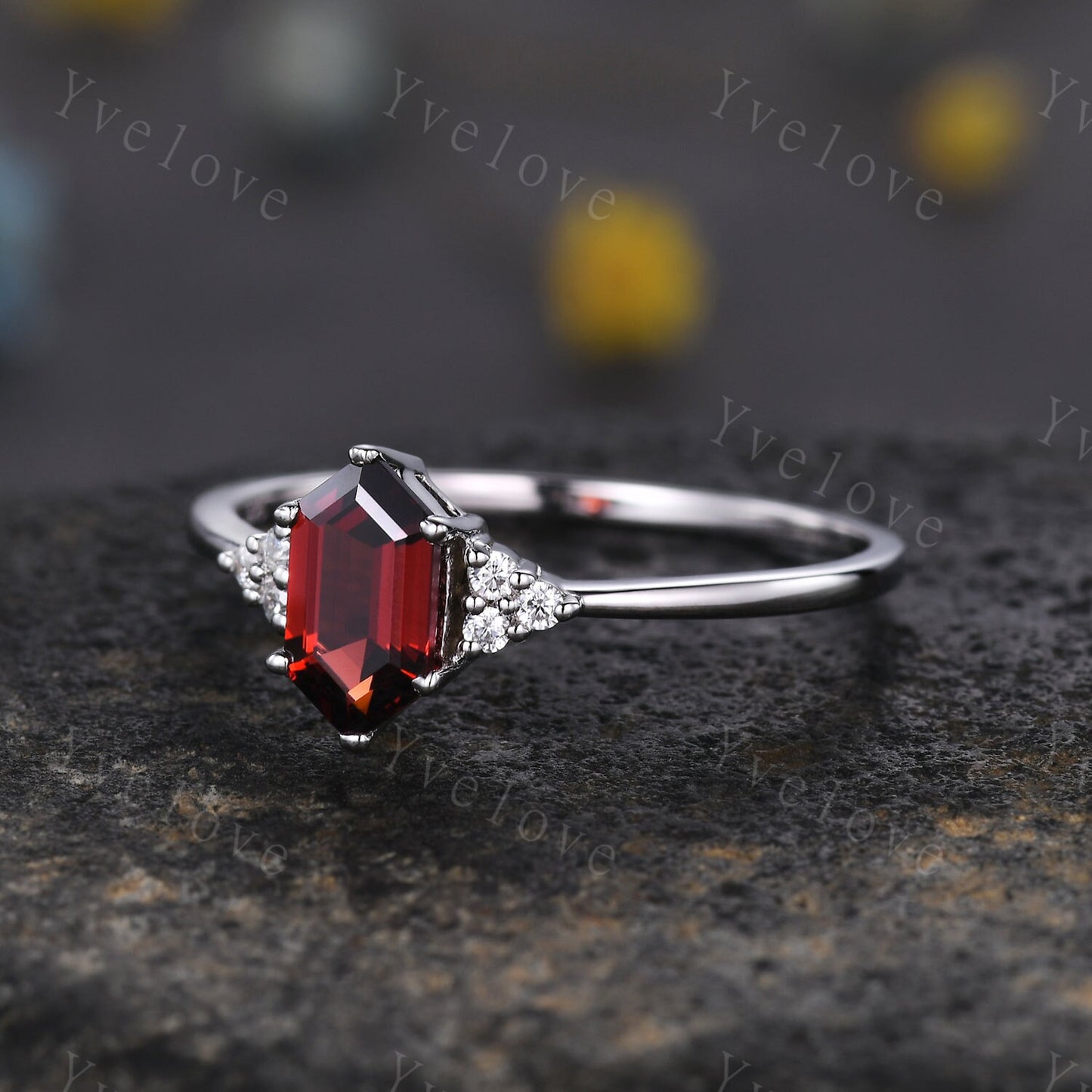 Retro Long hexagon Garnet Ring,Vintage Sterling Silver Ring,Unique Red Garnet Engagement Ring,Promise Ring,January birthday Gift For Her