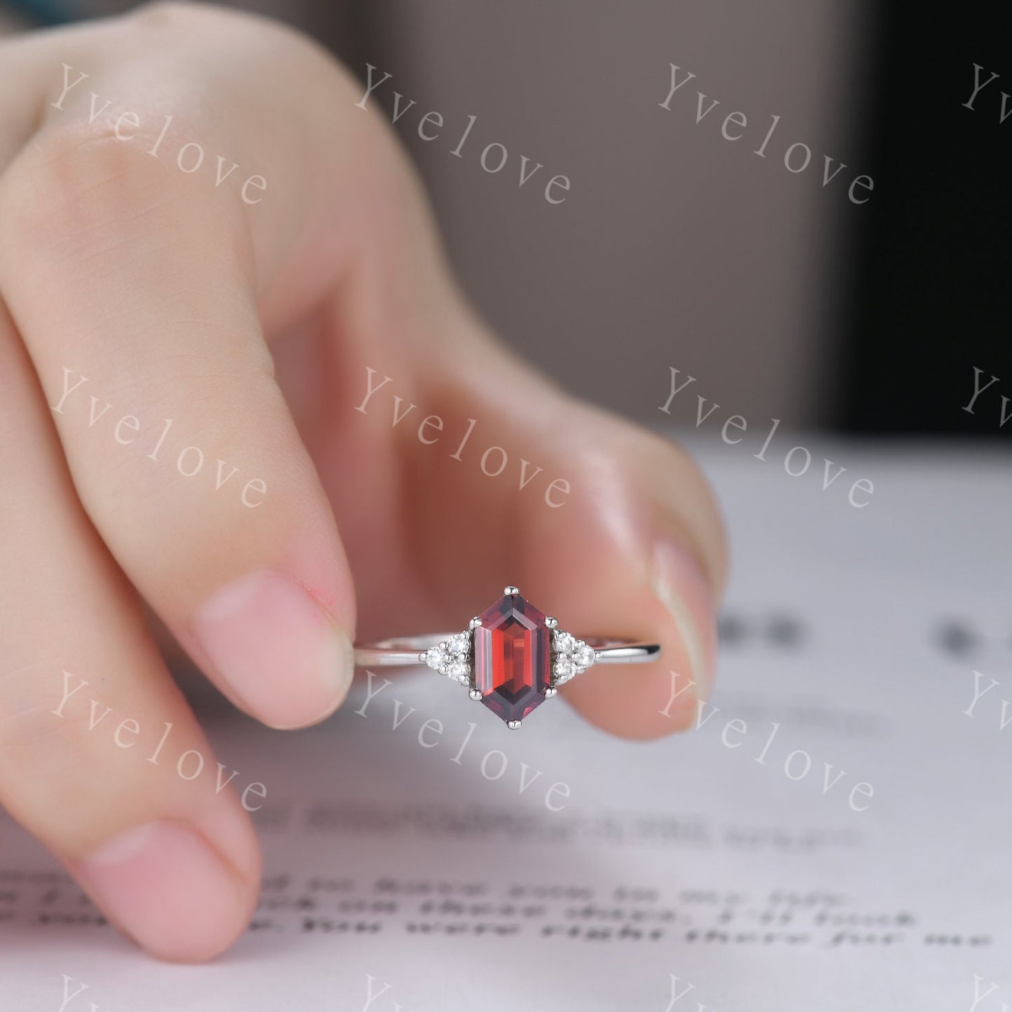 Retro Long hexagon Garnet Ring,Vintage Sterling Silver Ring,Unique Red Garnet Engagement Ring,Promise Ring,January birthday Gift For Her