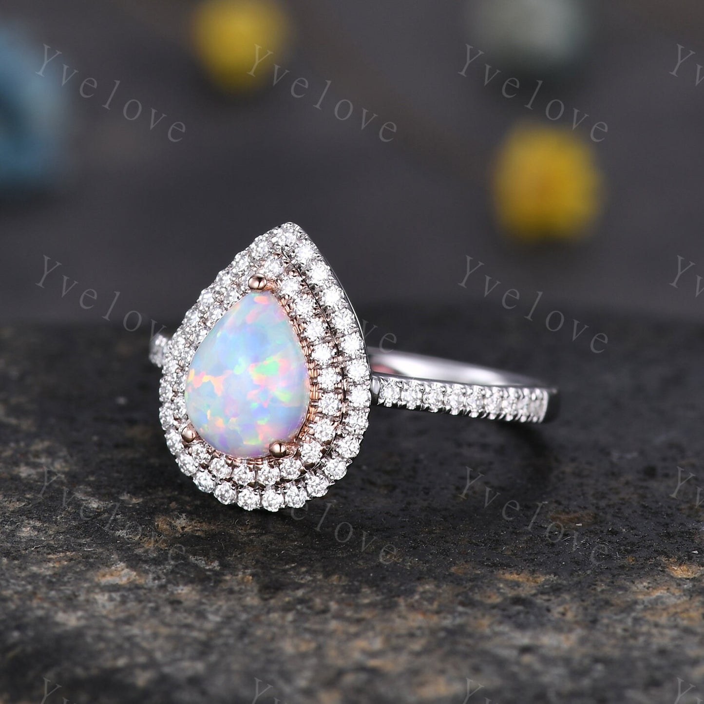 Two Tone Ring Pear cut opal engagement ring rose gold  and white gold women diamond halo ring October ring promise bridal anniversary gift