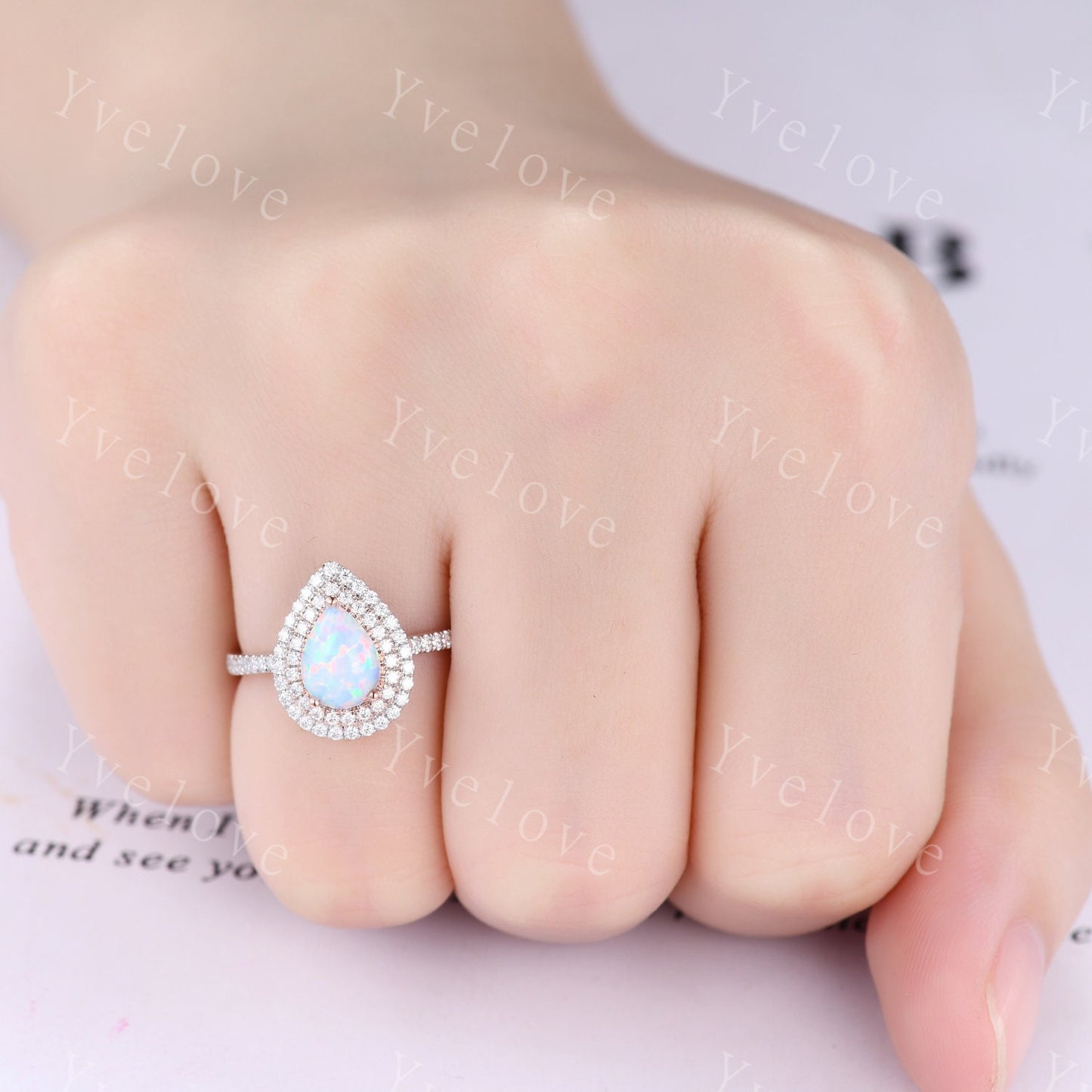 Two Tone Ring Pear cut opal engagement ring rose gold  and white gold women diamond halo ring October ring promise bridal anniversary gift
