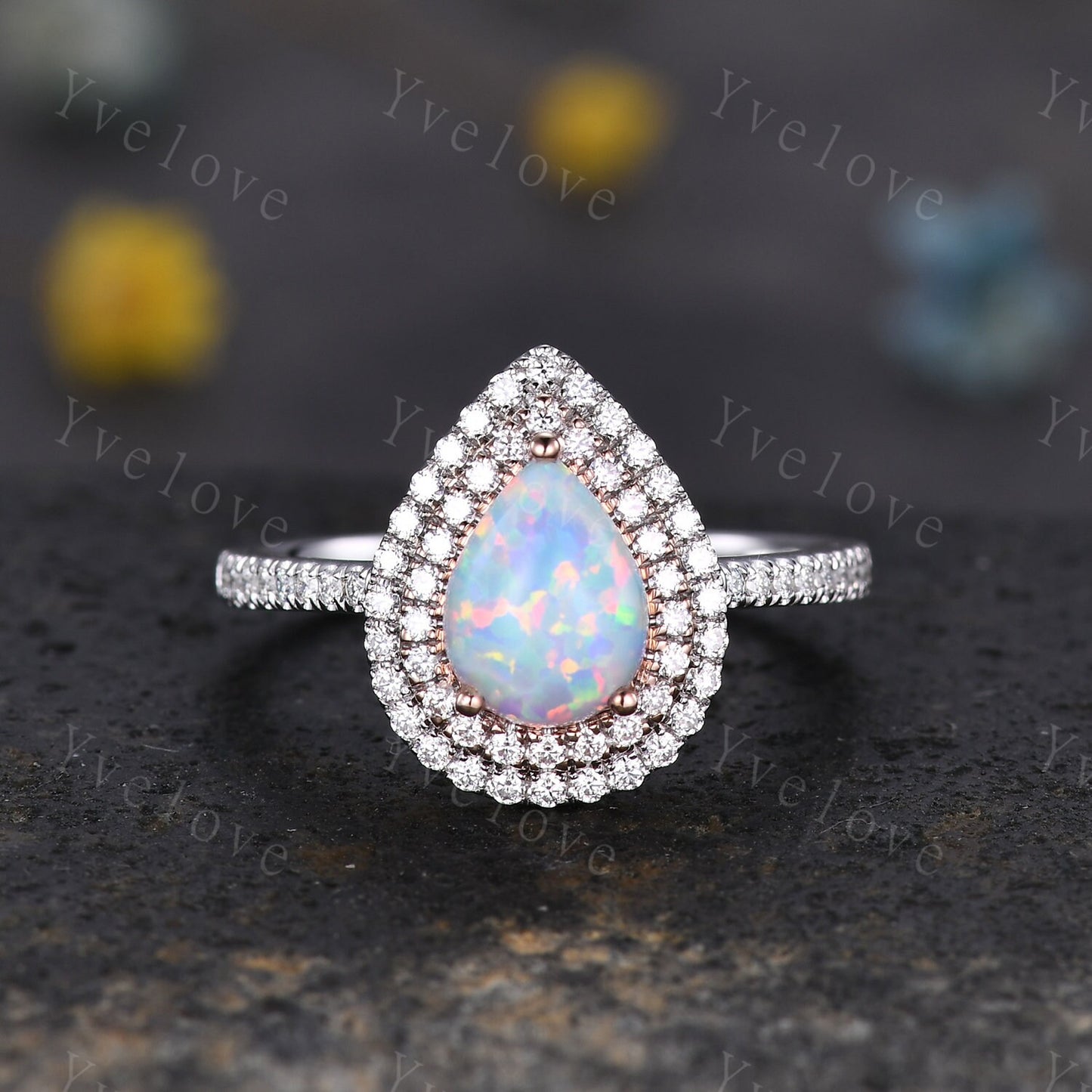 Two Tone Ring Pear cut opal engagement ring rose gold  and white gold women diamond halo ring October ring promise bridal anniversary gift