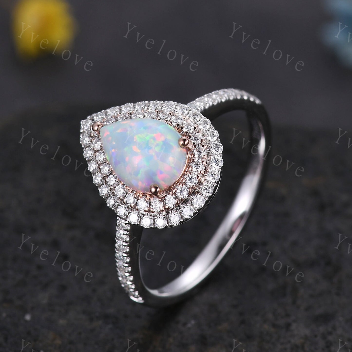 Two Tone Ring Pear cut opal engagement ring rose gold  and white gold women diamond halo ring October ring promise bridal anniversary gift