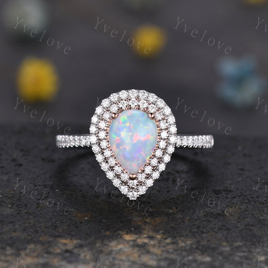 Two Tone Ring Pear cut opal engagement ring rose gold  and white gold women diamond halo ring October ring promise bridal anniversary gift