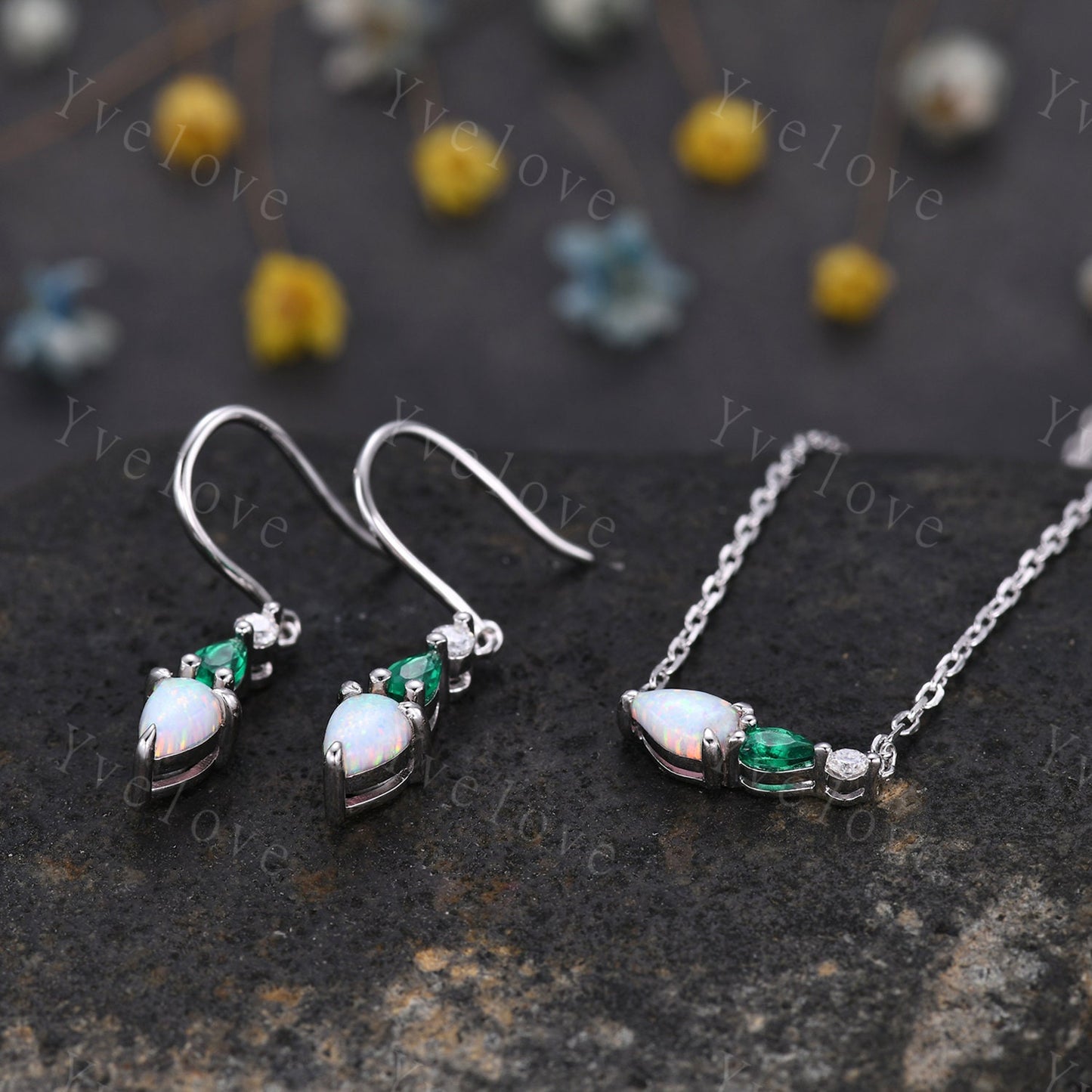Unique Opal Emerald Earrings,Pear Cut Gems,Art Deco Moissanite Diamond Delicate Dainty Earrings,3 Stone Minimalist Women Gift for Her