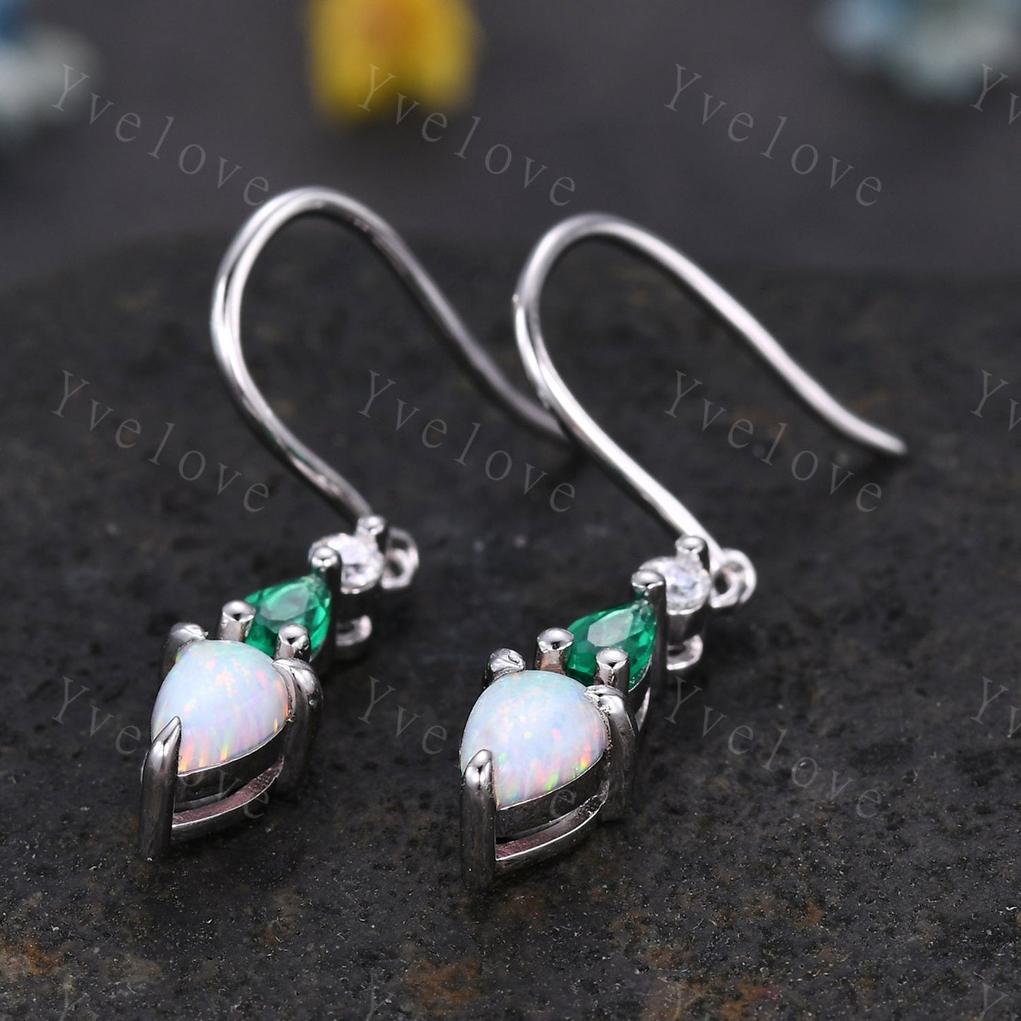Unique Opal Emerald Earrings,Pear Cut Gems,Art Deco Moissanite Diamond Delicate Dainty Earrings,3 Stone Minimalist Women Gift for Her