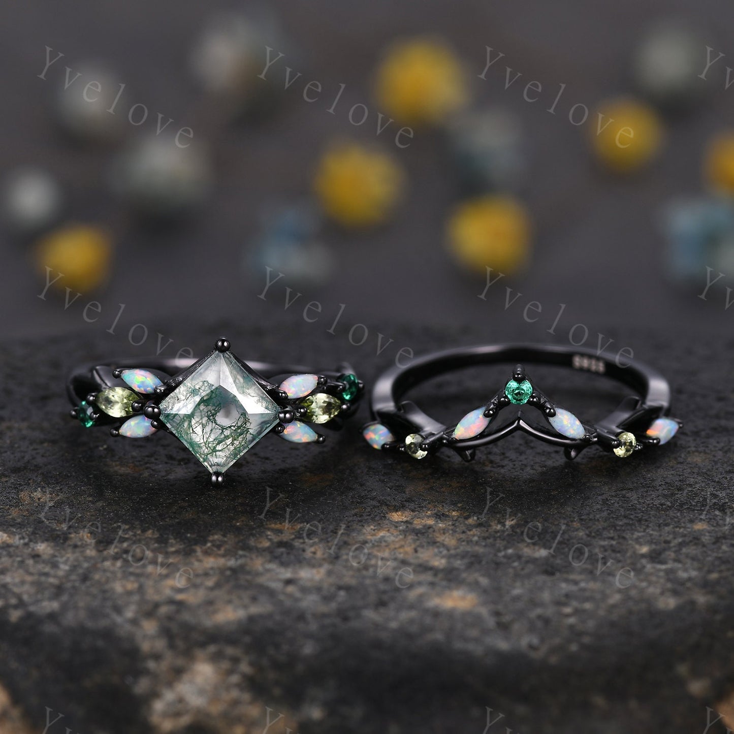Vintage Princess Moss Agate Engagement Ring Set,Black Gold,Vines Emerald Opal Peridot Ring,Women Bridal Set,Unique Twig Promise Ring Gift