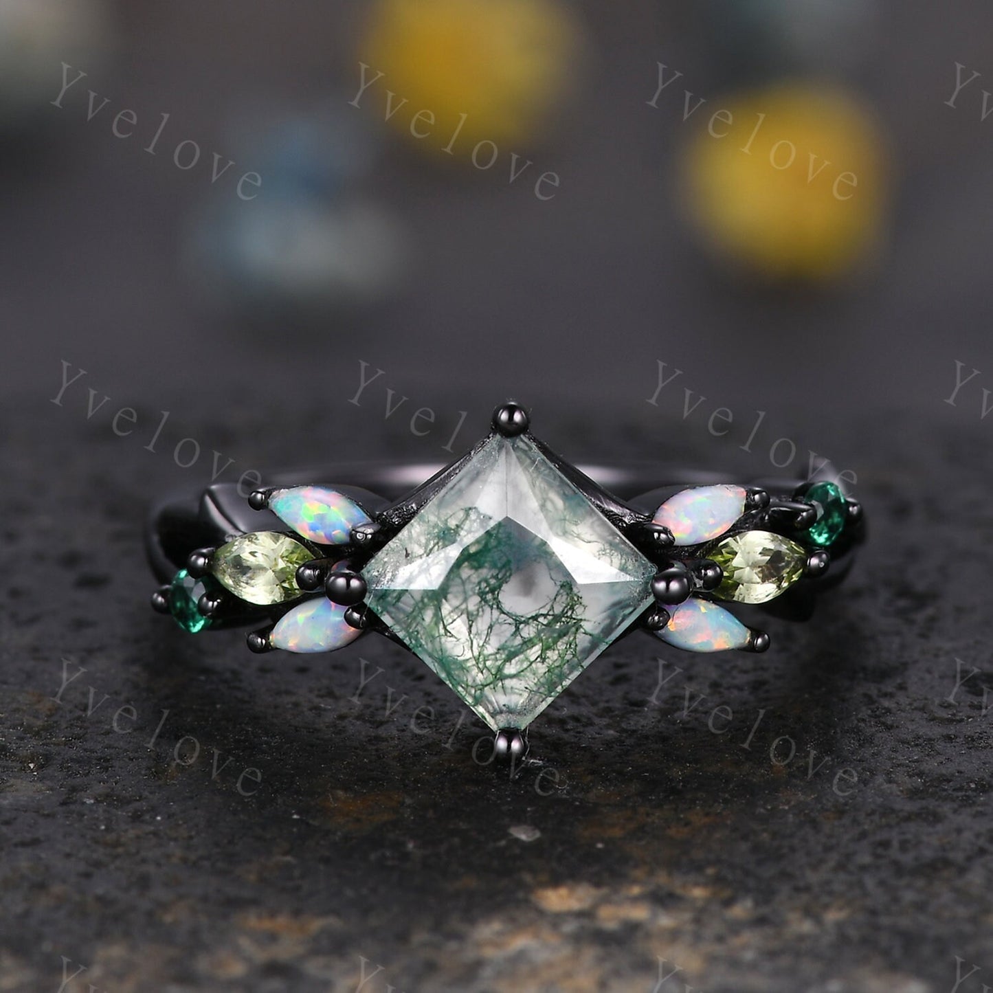 Vintage Princess Moss Agate Engagement Ring,Black Gold,Vines Emerald Opal Peridot Ring,Women Bridal Set,Unique Twig Promise Ring Bridal Gift