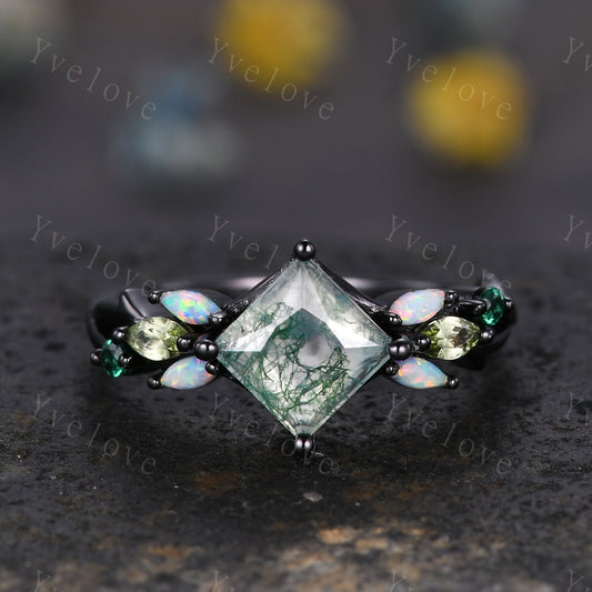Vintage Princess Moss Agate Engagement Ring,Black Gold,Vines Emerald Opal Peridot Ring,Women Bridal Set,Unique Twig Promise Ring Bridal Gift