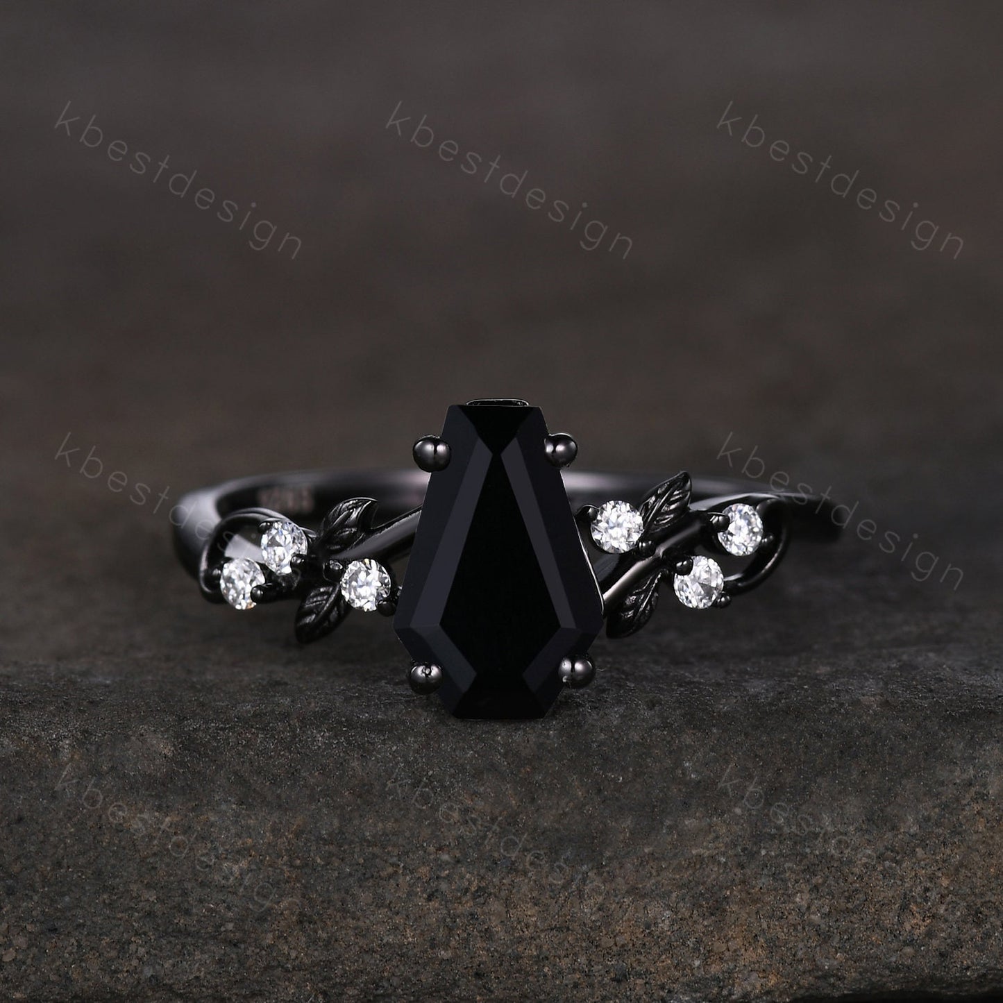 Vintage coffin cut black onyx engagement ring set silver twig leaf moissanite ring nature branch ring unique bridal wedding ring set