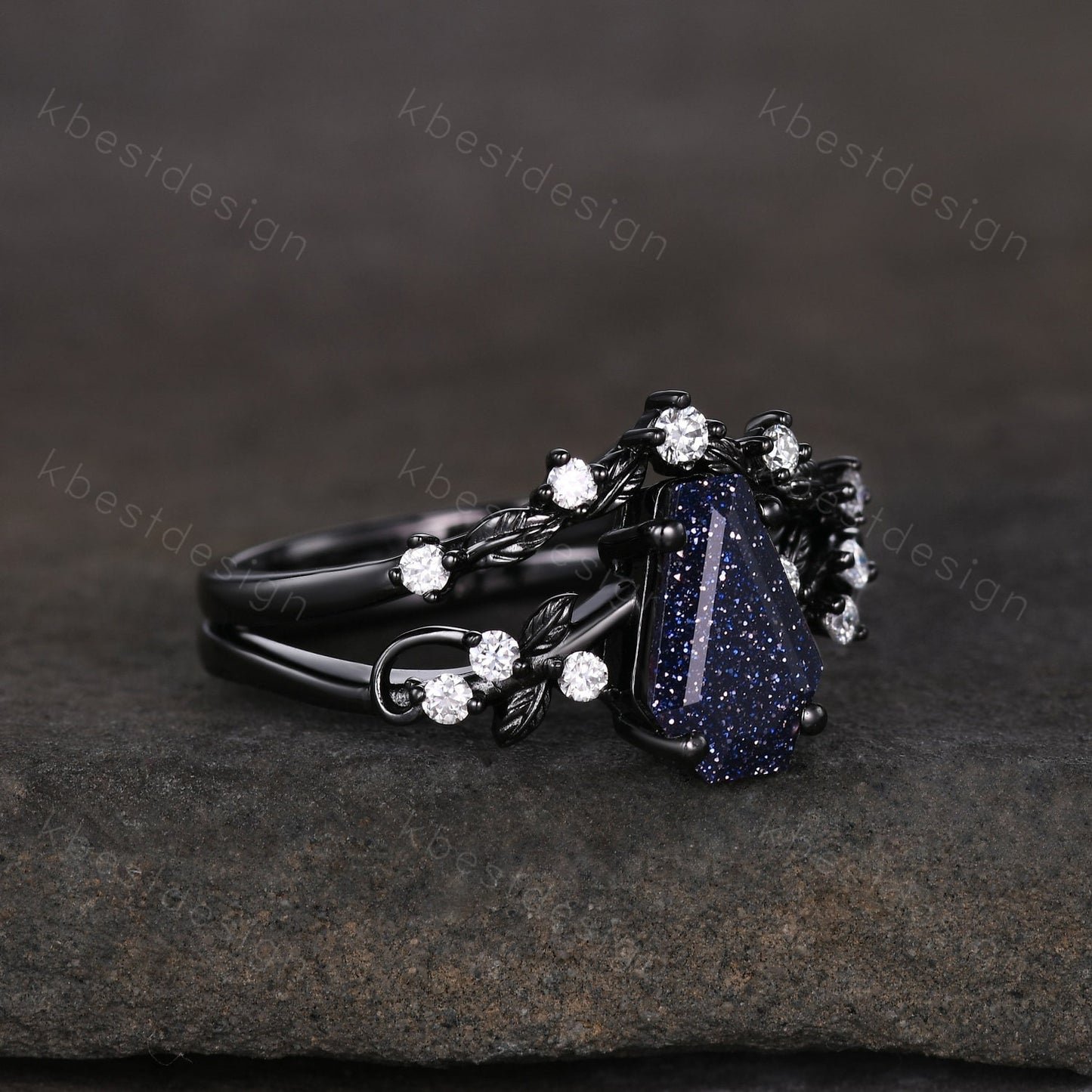 Coffin cut blue sandstone engagement ring set black gold twig leaf moissanite ring nature branch ring unique bridal wedding ring set