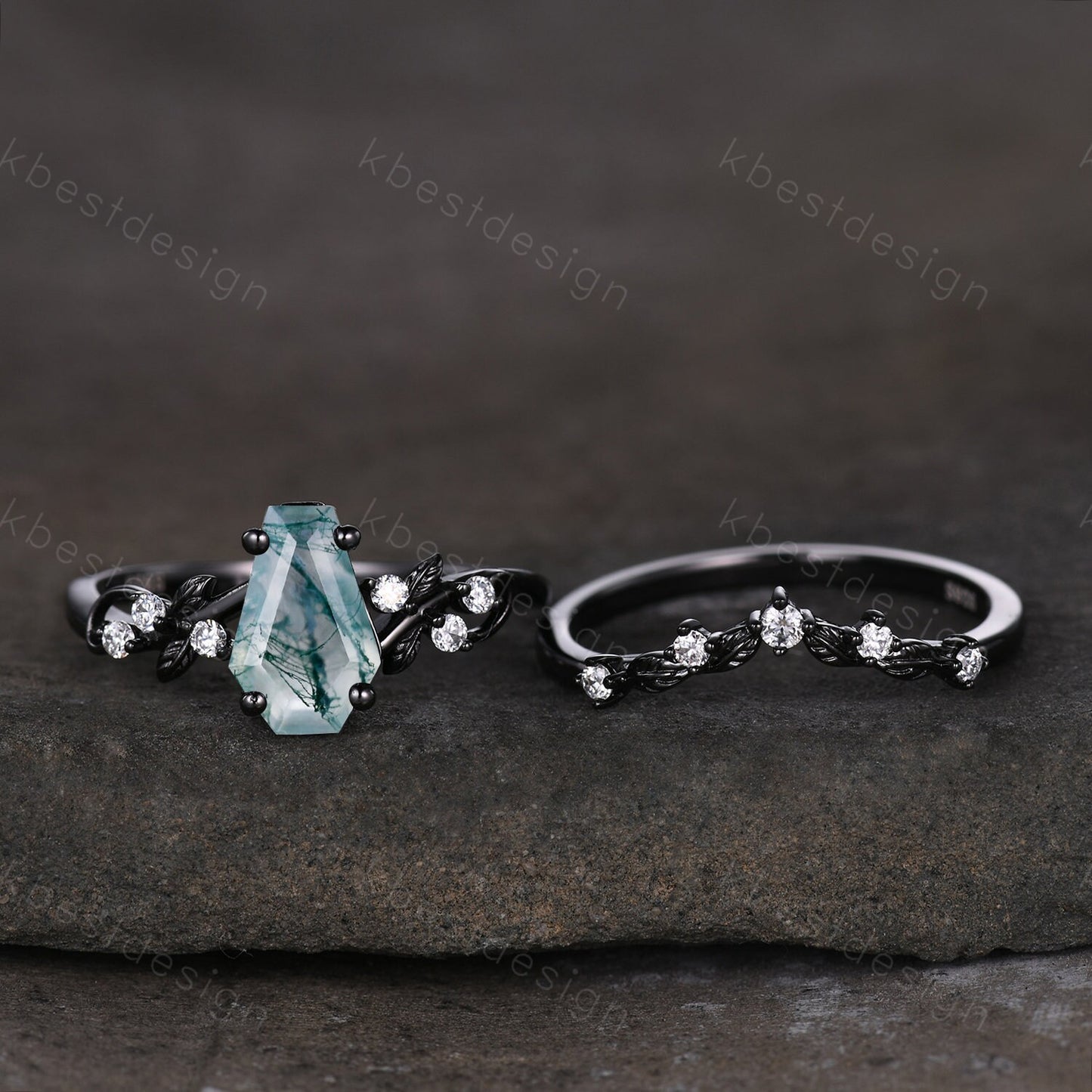 Vintage coffin moss agate engagement ring set black gold twig leaf moissanite ring natural green agate ring unique bridal wedding ring set