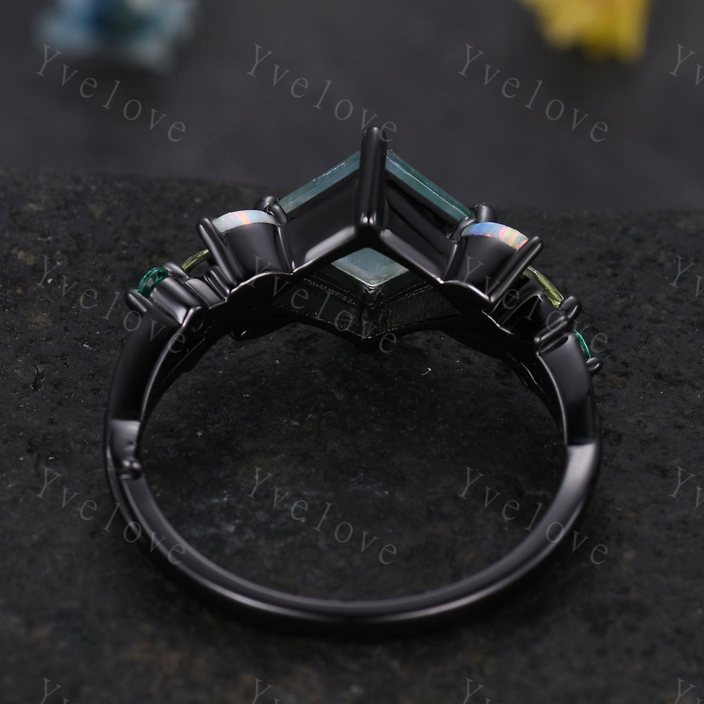 Vintage Princess Moss Agate Engagement Ring,Black Gold,Vines Emerald Opal Peridot Ring,Women Bridal Set,Unique Twig Promise Ring Bridal Gift