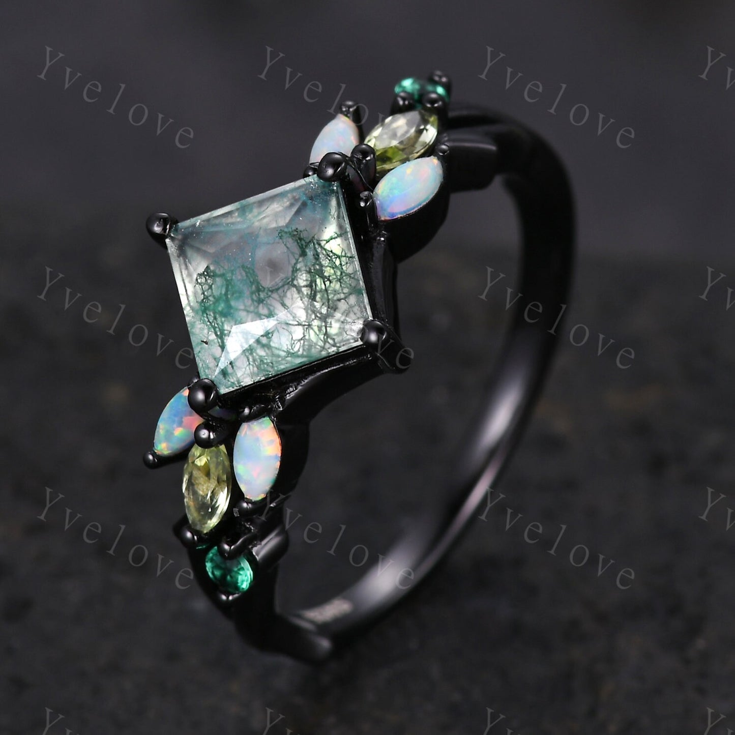 Vintage Princess Moss Agate Engagement Ring,Black Gold,Vines Emerald Opal Peridot Ring,Women Bridal Set,Unique Twig Promise Ring Bridal Gift