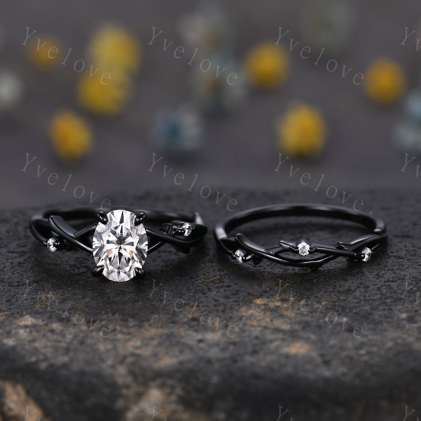 Twig Oval Moissanite Engagement Ring Set,Vintage Leaf Diamond Ring,Branch Ring Black Gold,Twisted Ring Promise Bridal Set,Dainty Ring Set