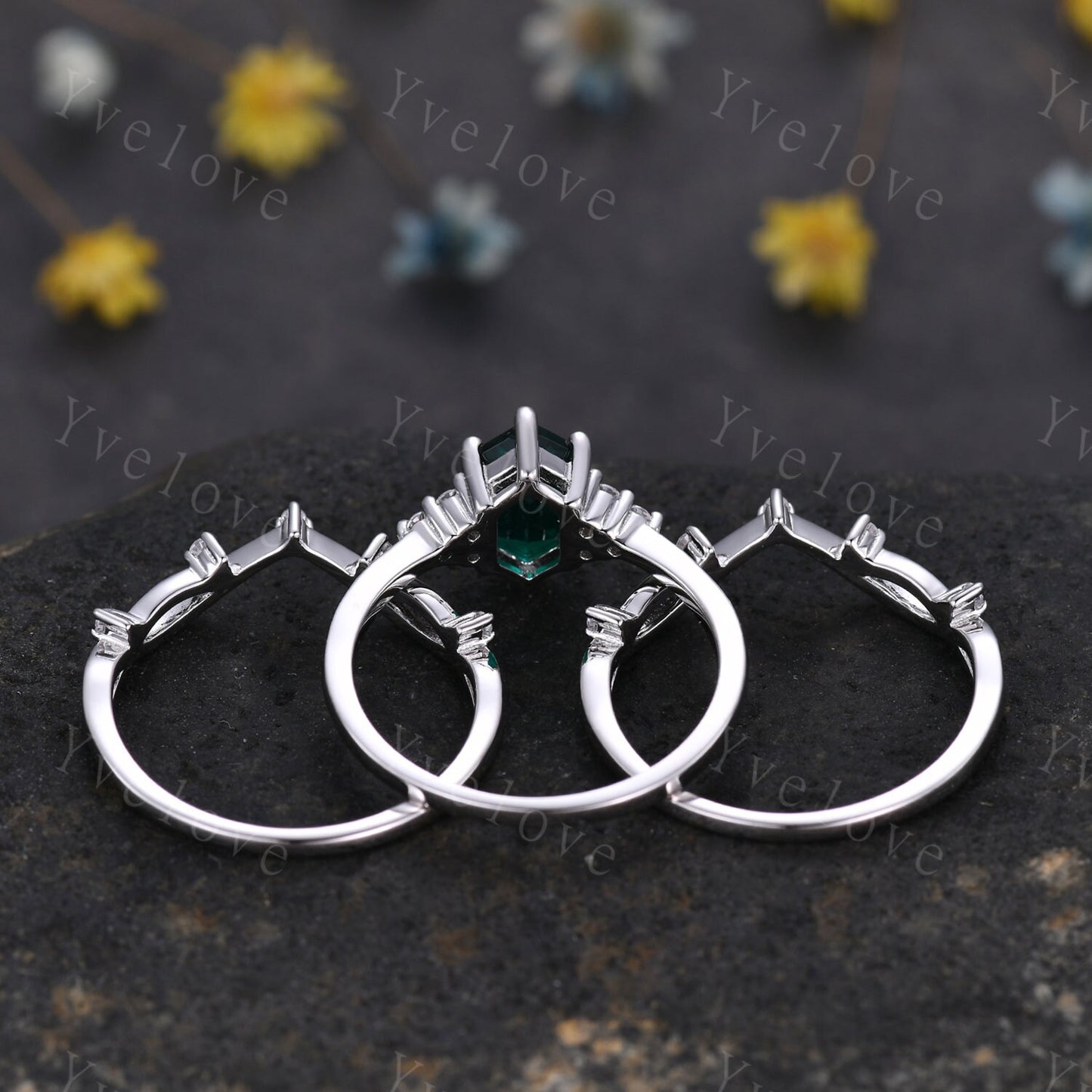 3 Set,Retro hexagon Emerald Ring,Vintage Sterling Silver Ring Set,Unique Emerald Engagement Ring,Promise Ring,Anniversary Ring Gift For Her