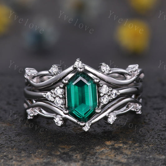 3 Set,Retro hexagon Emerald Ring,Vintage Sterling Silver Ring Set,Unique Emerald Engagement Ring,Promise Ring,Anniversary Ring Gift For Her