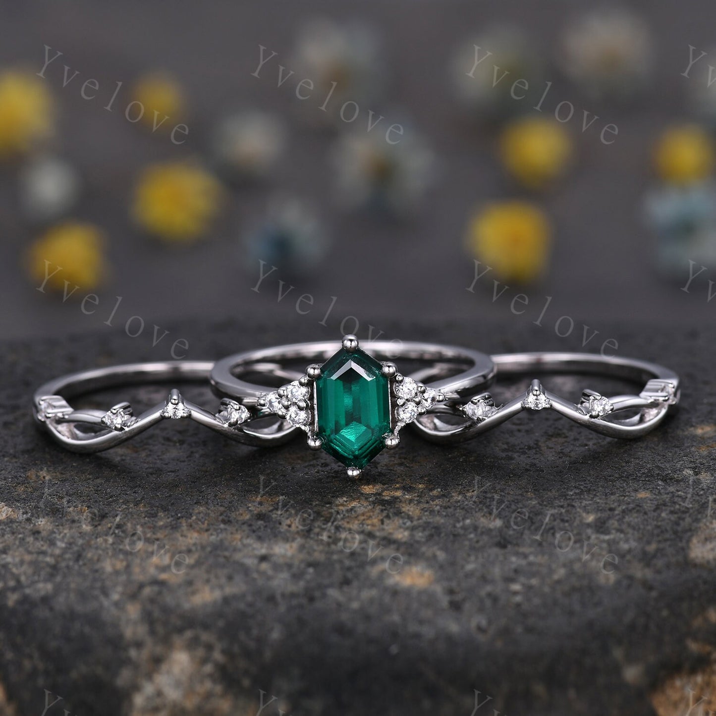 3 Set,Retro hexagon Emerald Ring,Vintage Sterling Silver Ring Set,Unique Emerald Engagement Ring,Promise Ring,Anniversary Ring Gift For Her
