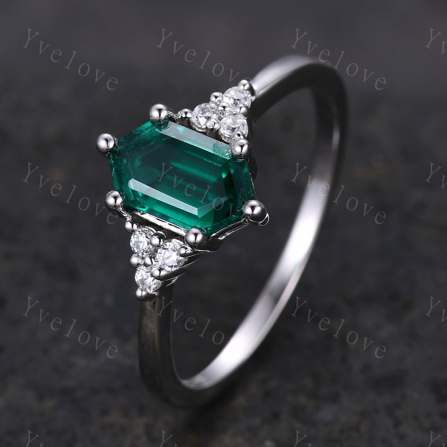 3 Set,Retro hexagon Emerald Ring,Vintage Sterling Silver Ring Set,Unique Emerald Engagement Ring,Promise Ring,Anniversary Ring Gift For Her