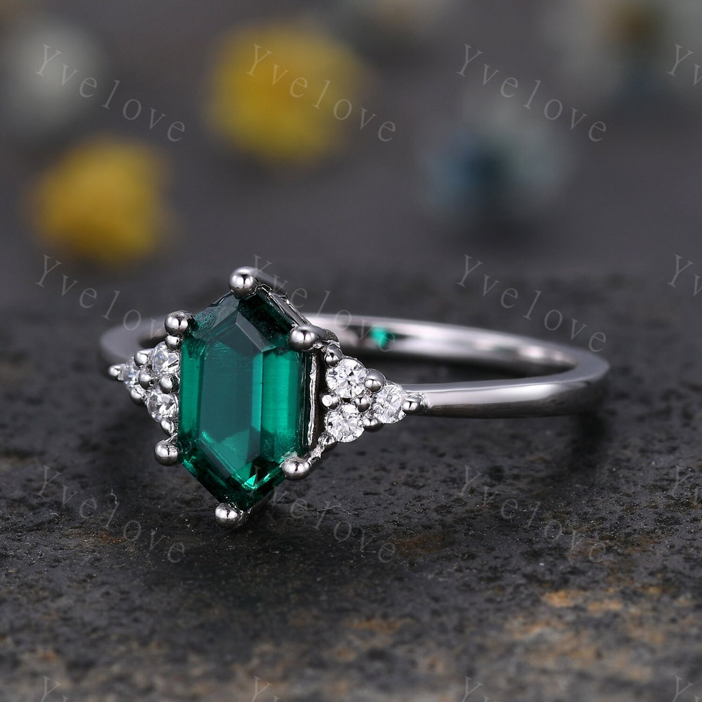 3 Set,Retro hexagon Emerald Ring,Vintage Sterling Silver Ring Set,Unique Emerald Engagement Ring,Promise Ring,Anniversary Ring Gift For Her