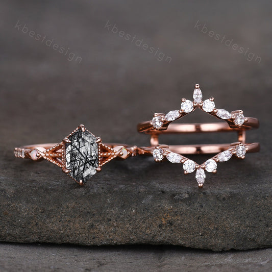 Antique Black Rutilated Quartz Engagement Ring Set Hexagon cut Engagement Ring Unique Art Deco Moissanite Stacking Band Bridal Promise Set