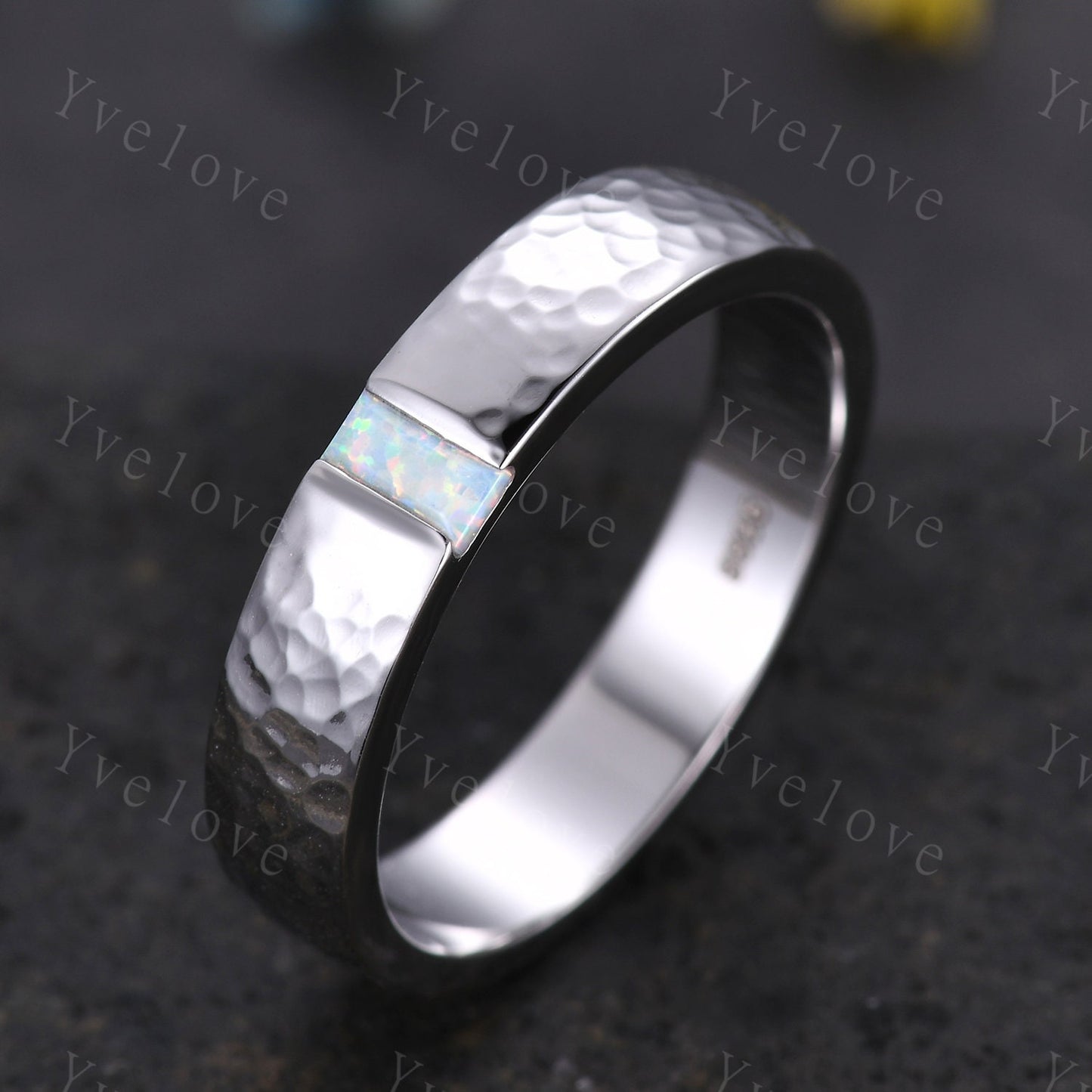 Mens White Fire Opal Wedding Band Baguette Cut Opal Band 5mm White Gold Ring Mens Hammered Stacking Matching Band Retro Vintage Ring Gift