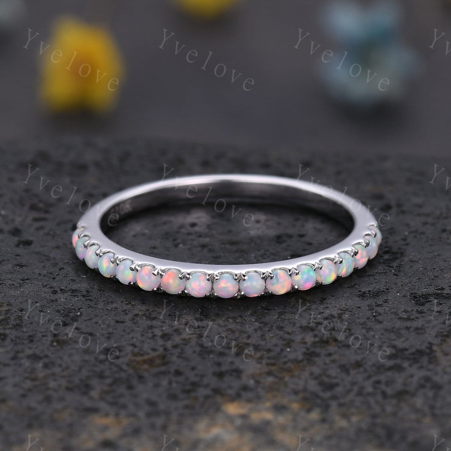 1.5mm Opal Ring,Opal Wedding Band,14K Solid Gold,Half Eternity Band,Stacking Ring,Matching Band,Promise Ring,Anniversary Gift for Women