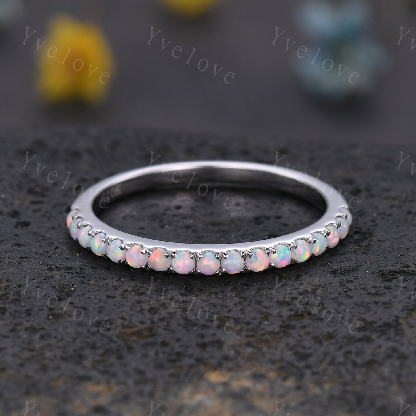 1.5mm Opal Ring,Opal Wedding Band,14K White Gold,Half Eternity Band,Stacking Ring,Matching Band,Promise Ring,Anniversary Gift for Women