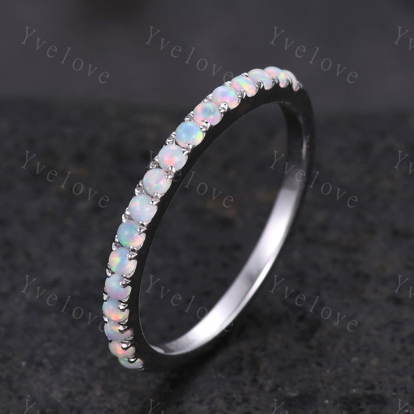 1.5mm Opal Ring,Opal Wedding Band,14K Solid Gold,Half Eternity Band,Stacking Ring,Matching Band,Promise Ring,Anniversary Gift for Women