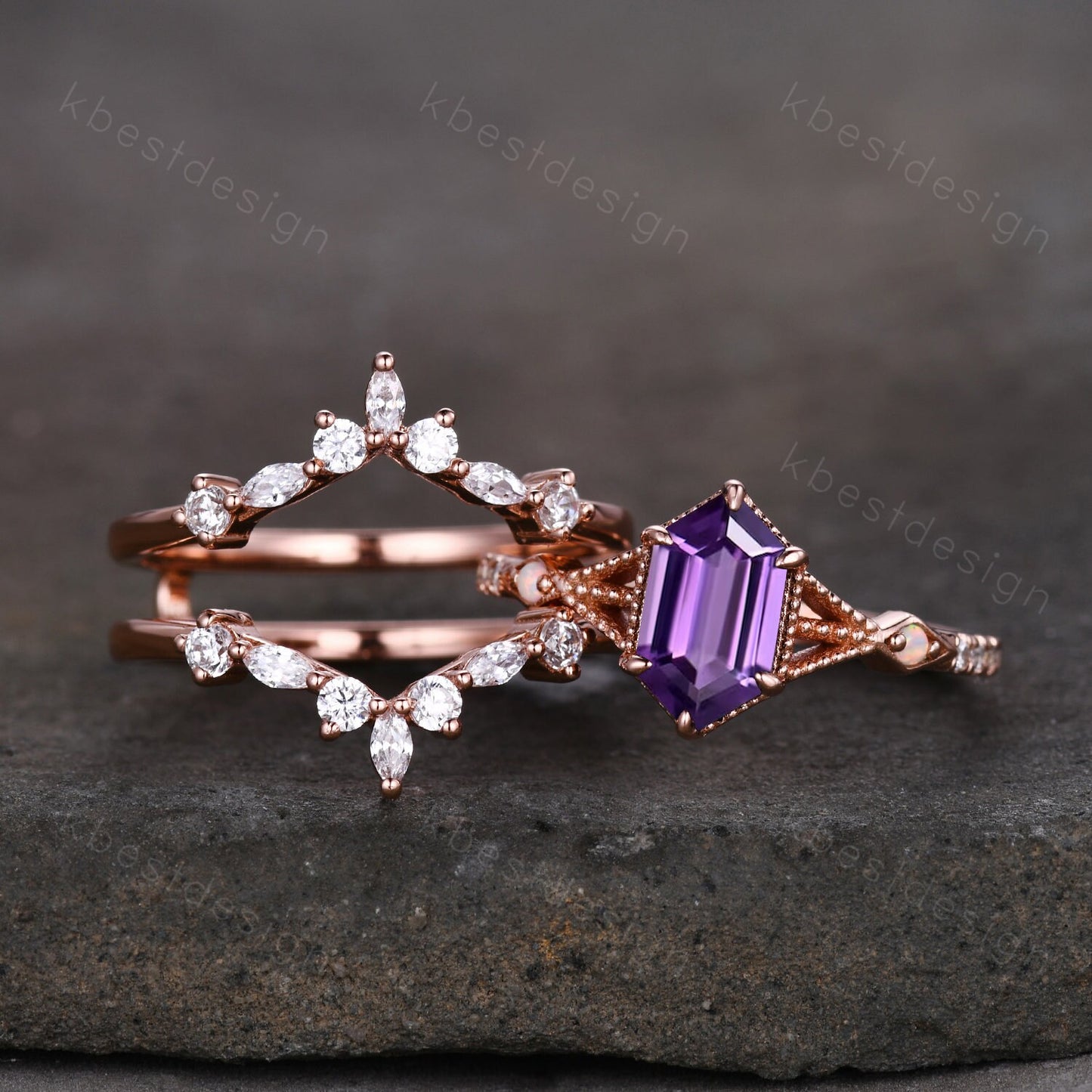 Antique Amethyst Engagement Ring Set Rose Gold Hexagon cut Engagement Ring Unique Art Deco Moissanite Stacking Band Bridal Promise Set