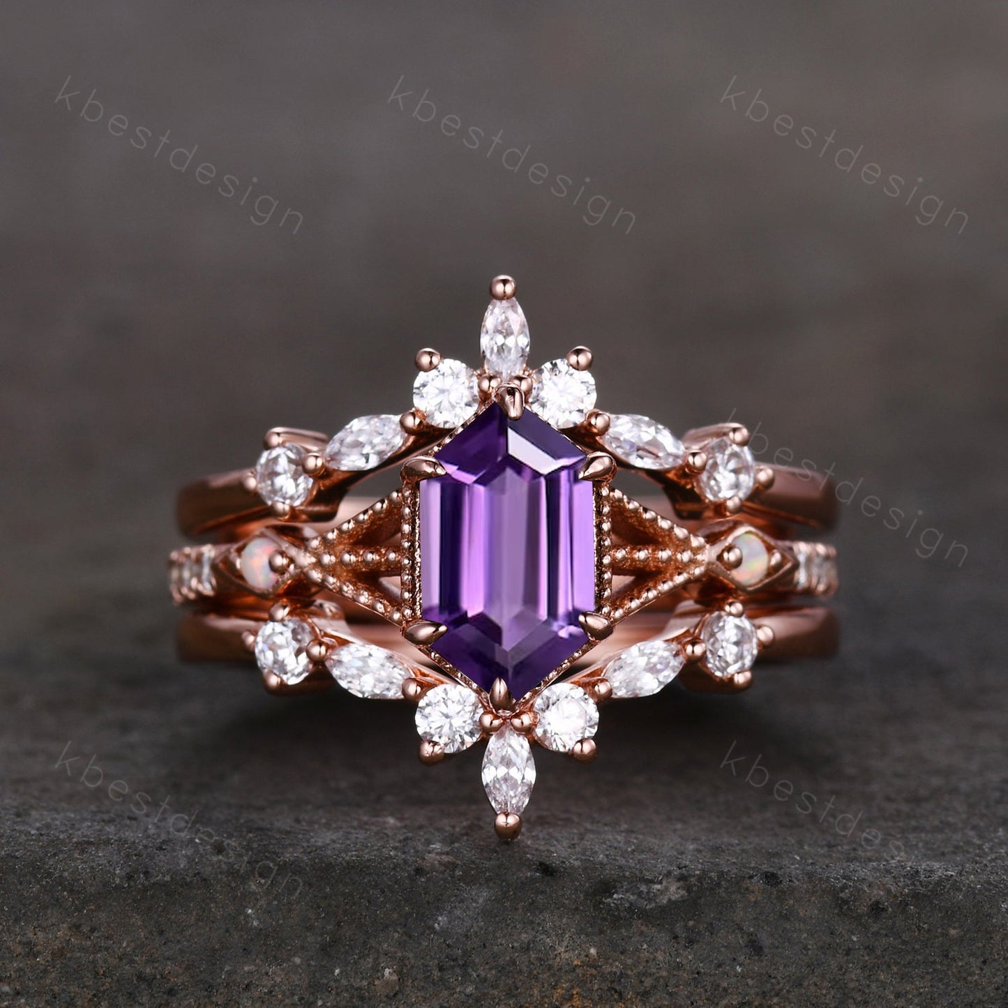Antique Amethyst Engagement Ring Set Rose Gold Hexagon cut Engagement Ring Unique Art Deco Moissanite Stacking Band Bridal Promise Set