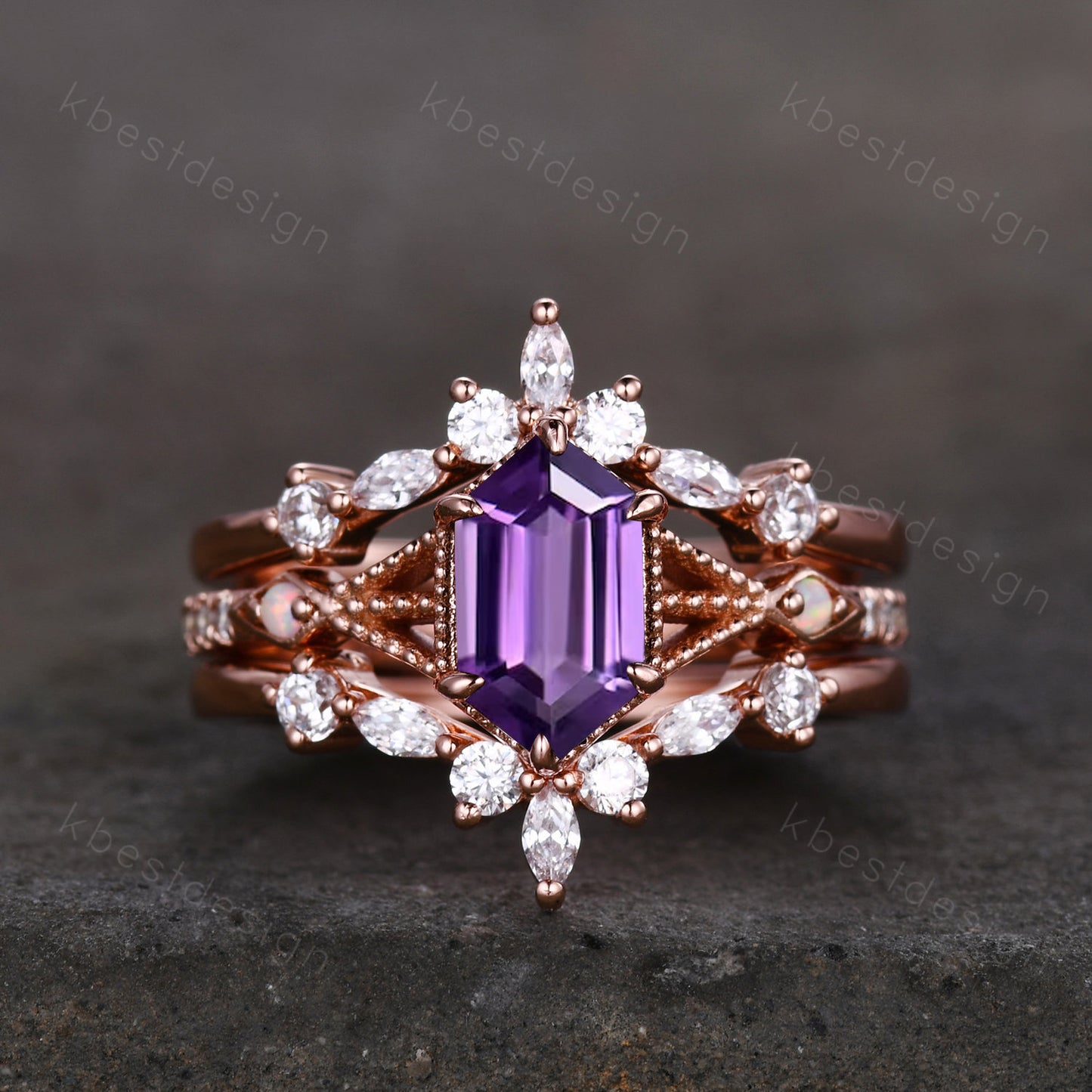 Antique Amethyst Engagement Ring Set Rose Gold Hexagon cut Engagement Ring Unique Art Deco Moissanite Stacking Band Bridal Promise Set