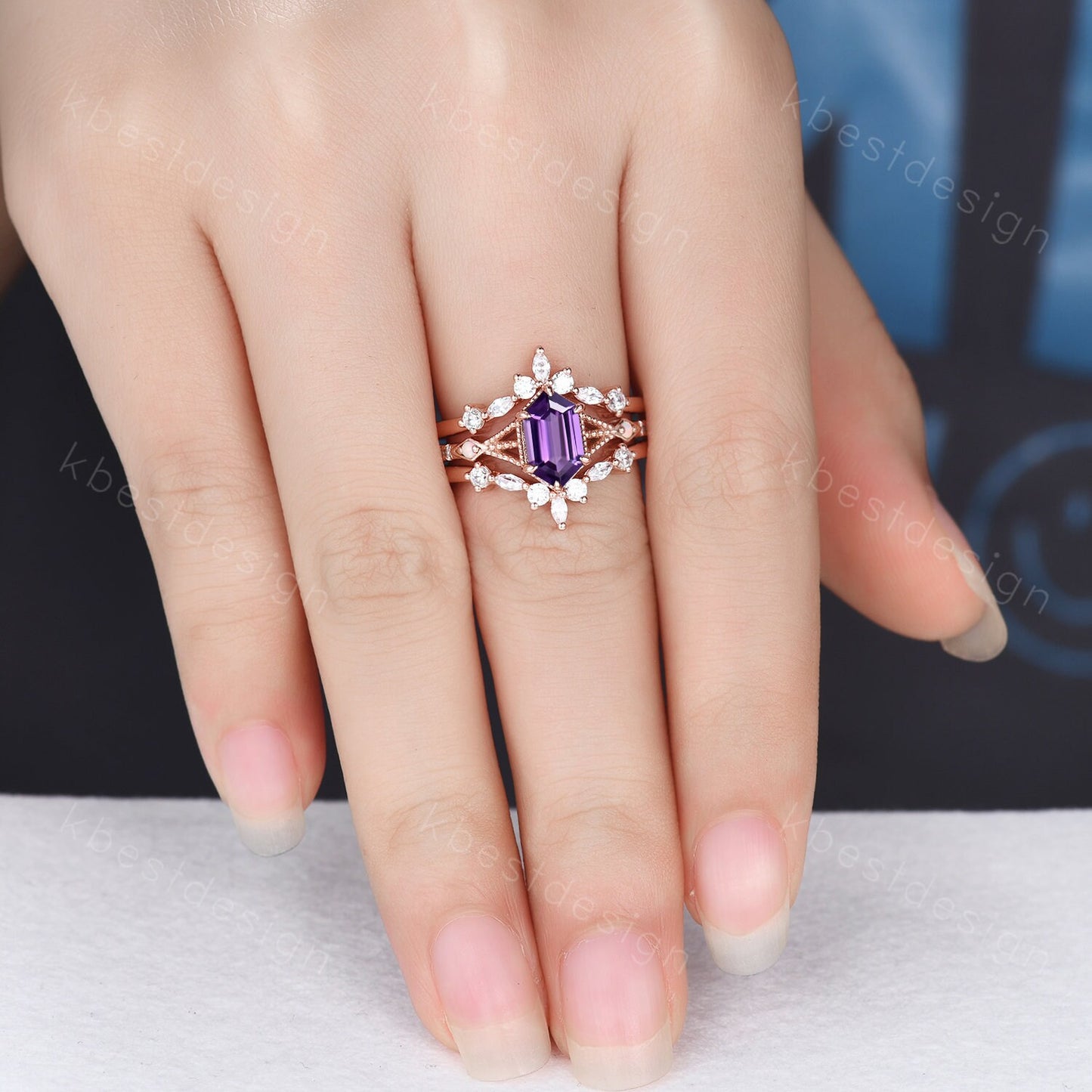 Antique Amethyst Engagement Ring Set Rose Gold Hexagon cut Engagement Ring Unique Art Deco Moissanite Stacking Band Bridal Promise Set