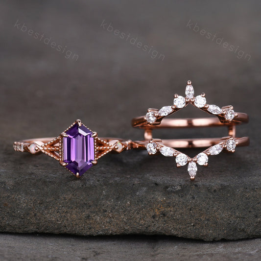 Antique Amethyst Engagement Ring Set Rose Gold Hexagon cut Engagement Ring Unique Art Deco Moissanite Stacking Band Bridal Promise Set