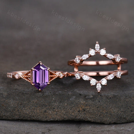 Antique Amethyst Engagement Ring Set Rose Gold Hexagon cut Engagement Ring Unique Art Deco Moissanite Stacking Band Bridal Promise Set