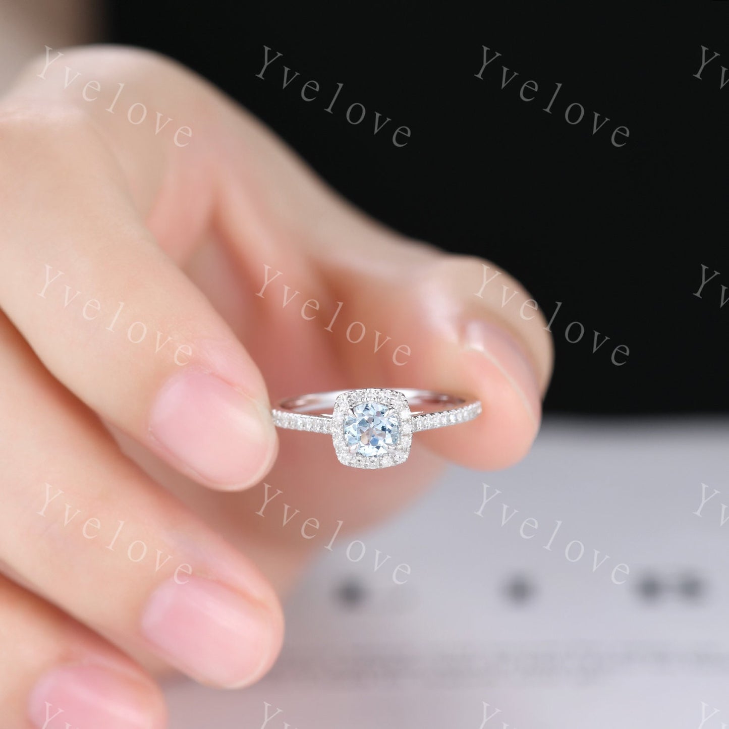 Hidden Halo aquamarine ring 5mm round cut aquamarine diamond engagement ring elegant promise anniversary ring March birthday present for her