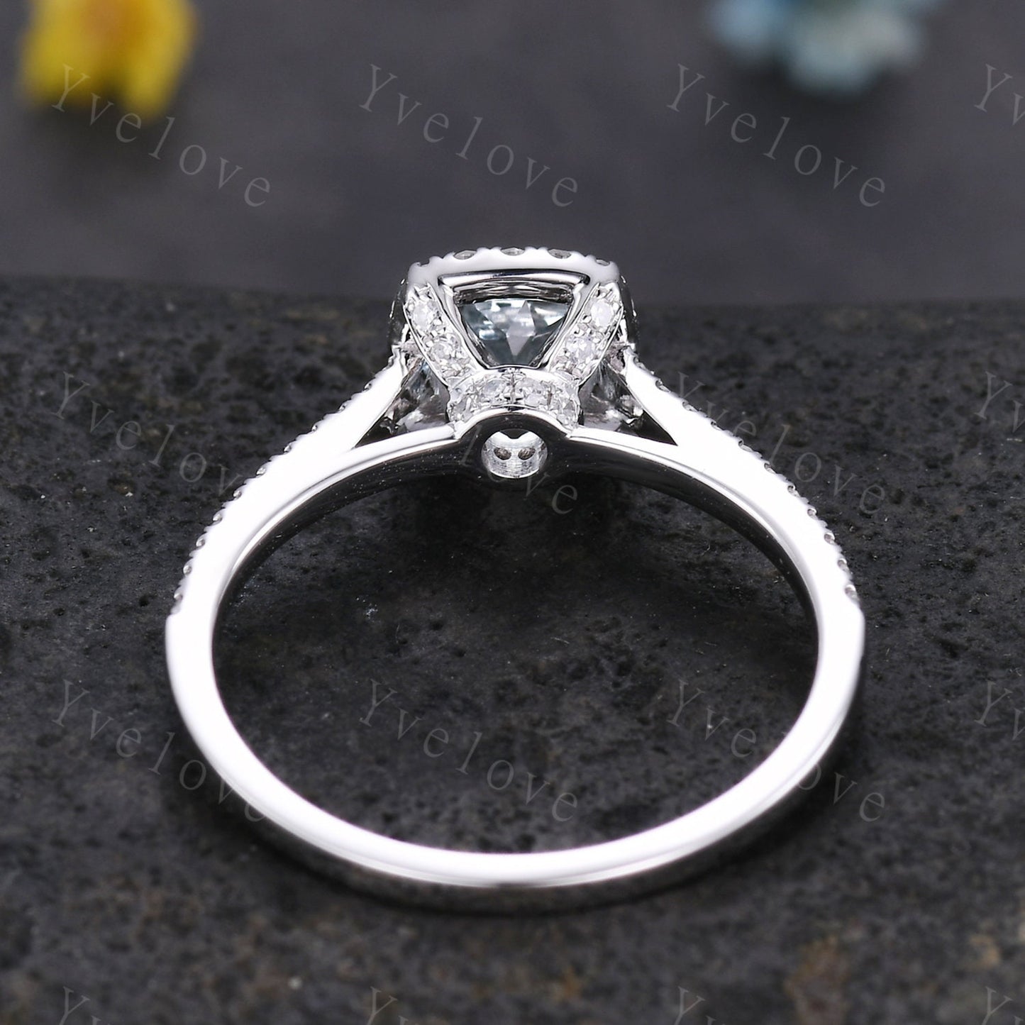 Hidden Halo aquamarine ring 5mm round cut aquamarine diamond engagement ring elegant promise anniversary ring March birthday present for her